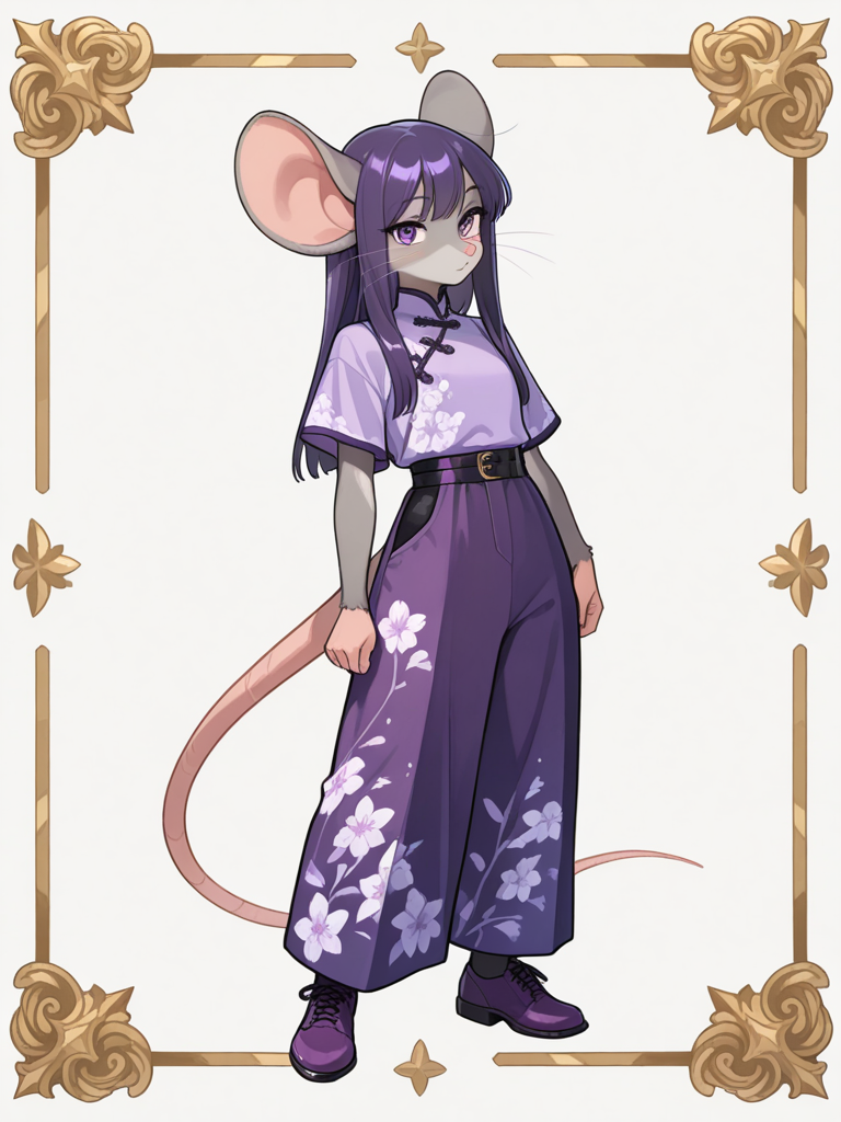 A female ratfolk (((((furry rat))))), with soft grey fur, large rounded ears, whiskers, and long straight purple hair stands in a sleek modern setting, looking at the viewer. She wears a purple floral print short-sleeve top with solid purple wide-leg pants and matching floral side panel, paired with matching purple regular footwear. full body, no realism, fantasy art style.