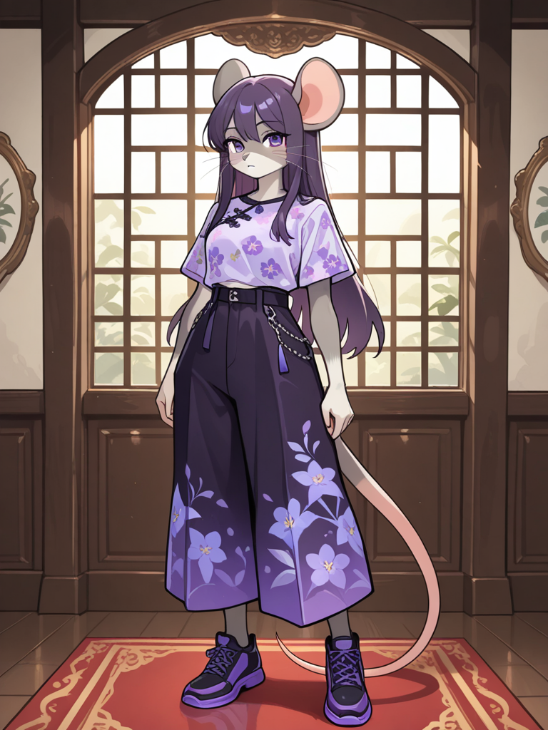 A female ratfolk (((((furry rat))))), with soft grey fur, large rounded ears, whiskers, and long straight purple hair stands in a sleek modern setting, looking at the viewer. She wears a purple floral print short-sleeve top with solid purple wide-leg pants and matching floral side panel, paired with matching purple regular footwear. full body, no realism, fantasy art style.