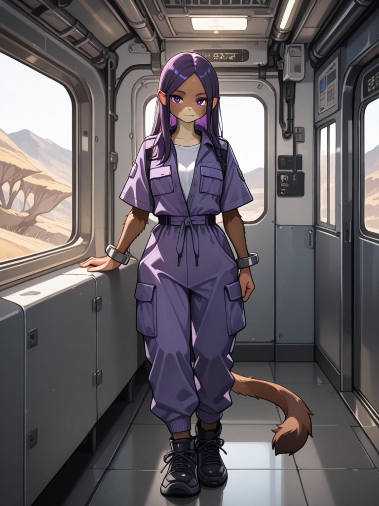 (((((furry ape))))), A female Hadozee with soft brown fur, ape-like features, tail, and long straight purple hair stands in a sleek modern setting, looking at the viewer. She wears a purple short-sleeve utility jumpsuit with cargo pockets, button-front top, elastic/drawstring waist, and cuffed ankles, paired with matching purple regular footwear. full body, no realism, fantasy art style.