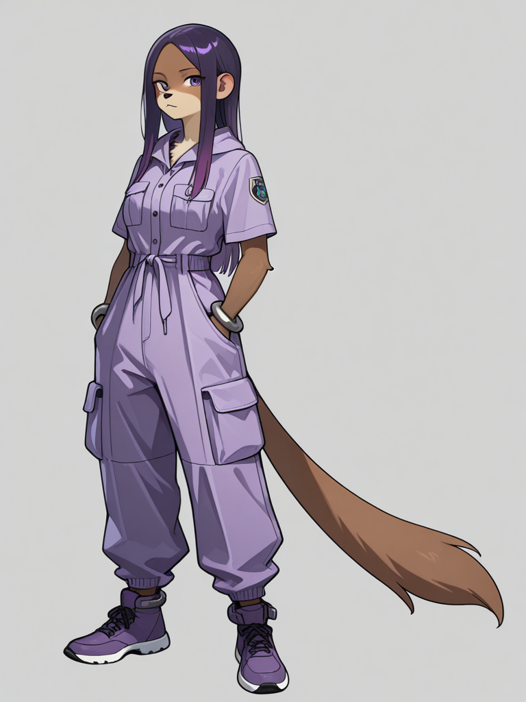 (((((furry ape))))), A female Hadozee with soft brown fur, ape-like features, tail, and long straight purple hair stands in a sleek modern setting, looking at the viewer. She wears a purple short-sleeve utility jumpsuit with cargo pockets, button-front top, elastic/drawstring waist, and cuffed ankles, paired with matching purple regular footwear. full body, no realism, fantasy art style.