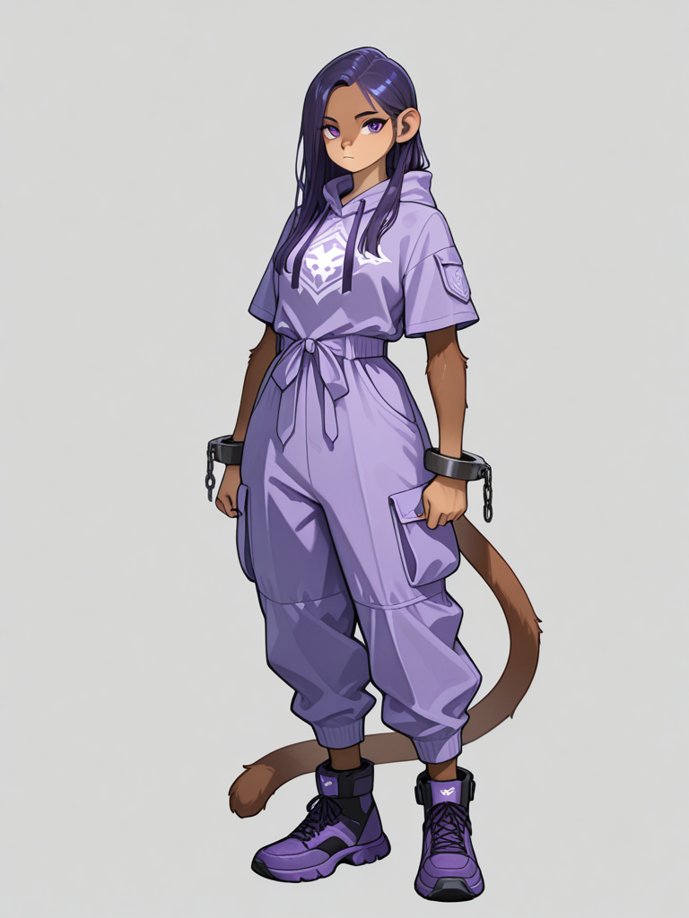 (((((furry ape))))), A female Hadozee with soft brown fur, ape-like features, tail, and long straight purple hair stands in a sleek modern setting, looking at the viewer. She wears a purple short-sleeve utility jumpsuit with cargo pockets, button-front top, elastic/drawstring waist, and cuffed ankles, paired with matching purple regular footwear. full body, no realism, fantasy art style.