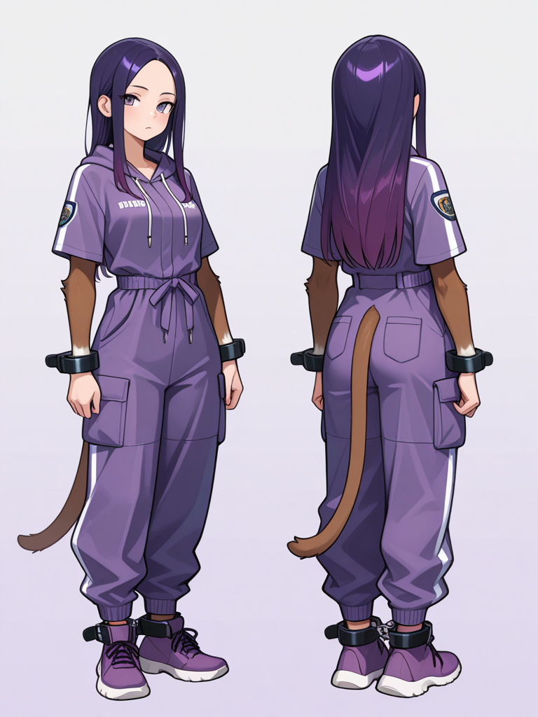 (((((furry ape))))), A female Hadozee with soft brown fur, ape-like features, tail, and long straight purple hair stands in a sleek modern setting, looking at the viewer. She wears a purple short-sleeve utility jumpsuit with cargo pockets, button-front top, elastic/drawstring waist, and cuffed ankles, paired with matching purple regular footwear. full body, no realism, fantasy art style. From behind