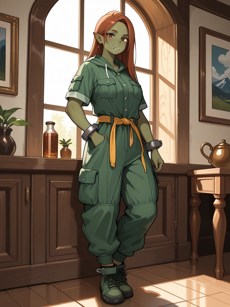 (((((Female orc))))), deep olive-green skin, small tusks, and long straight auburn hair stands in a sunny modern interior, looking at the viewer. She wears a green short-sleeve utility jumpsuit with cargo pockets, button-front top, elastic/drawstring waist, and cuffed ankles, paired with matching green regular footwear. full body, no realism, fantasy art style.