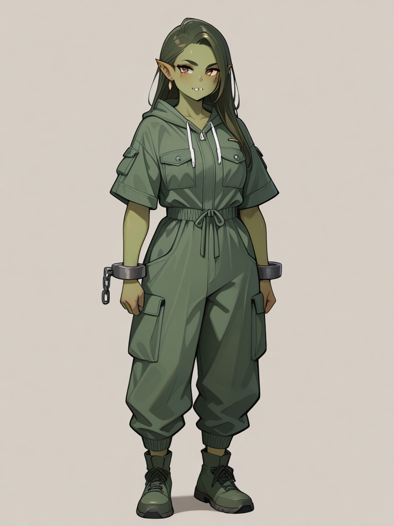 (((((Female orc))))), deep olive-green skin, small tusks, and long straight auburn hair stands in a sunny modern interior, looking at the viewer. She wears a green short-sleeve utility jumpsuit with cargo pockets, button-front top, elastic/drawstring waist, and cuffed ankles, paired with matching green regular footwear. full body, no realism, fantasy art style.