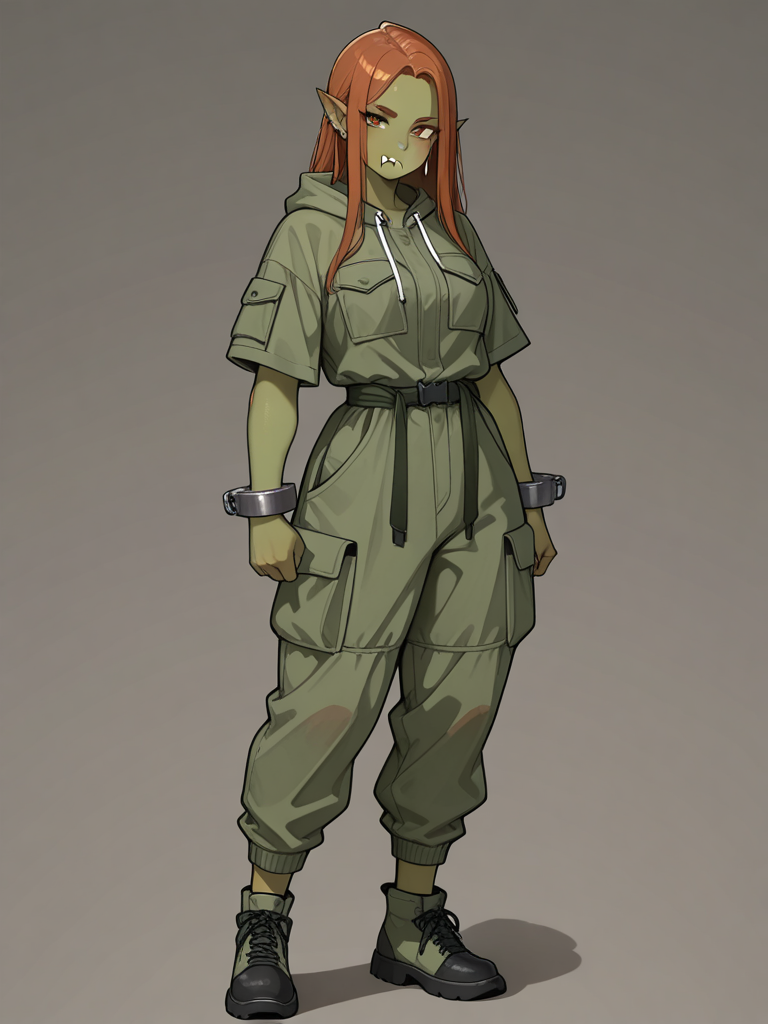 (((((Female orc))))), deep olive-green skin, small tusks, and long straight auburn hair stands in a sunny modern interior, looking at the viewer. She wears a green short-sleeve utility jumpsuit with cargo pockets, button-front top, elastic/drawstring waist, and cuffed ankles, paired with matching green regular footwear. full body, no realism, fantasy art style.