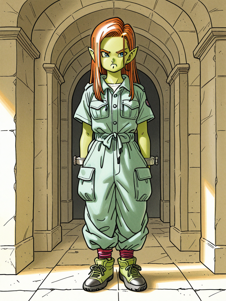 [fantasy-dragon-style], (((((Female orc))))), deep olive-green skin, small tusks, and long straight auburn hair stands in a sunny modern interior, looking at the viewer. She wears a green short-sleeve utility jumpsuit with cargo pockets, button-front top, elastic/drawstring waist, and cuffed ankles, paired with matching green regular footwear. full body, no realism, fantasy art style.