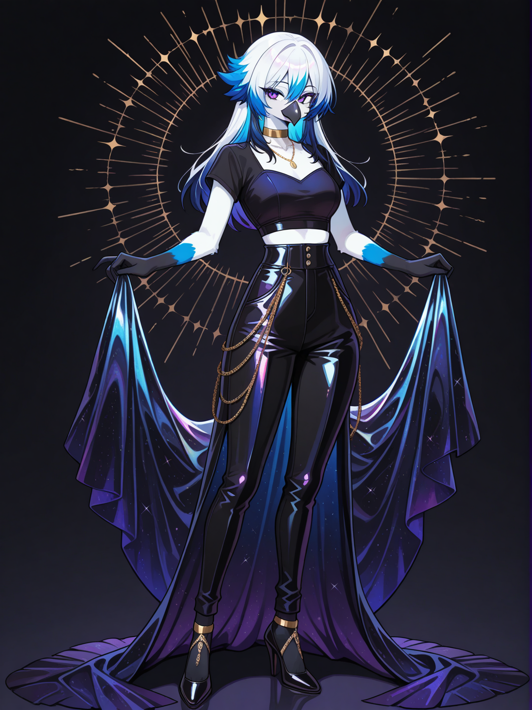 A female Kenku with iridescent black and blue feathers, furry skin, anthro bird, feathered hands, avian beak, and short straight white feather-hair stands in a bright elegant lounge, fancy decor, looking at the viewer. She wears a asymmetrical black short-sleeve fitted top with purple-black high-waisted wide-leg pants featuring pockets and flowing fabric, paired with short black heels and a gold choker necklace. full body, no realism, fantasy anime art style.