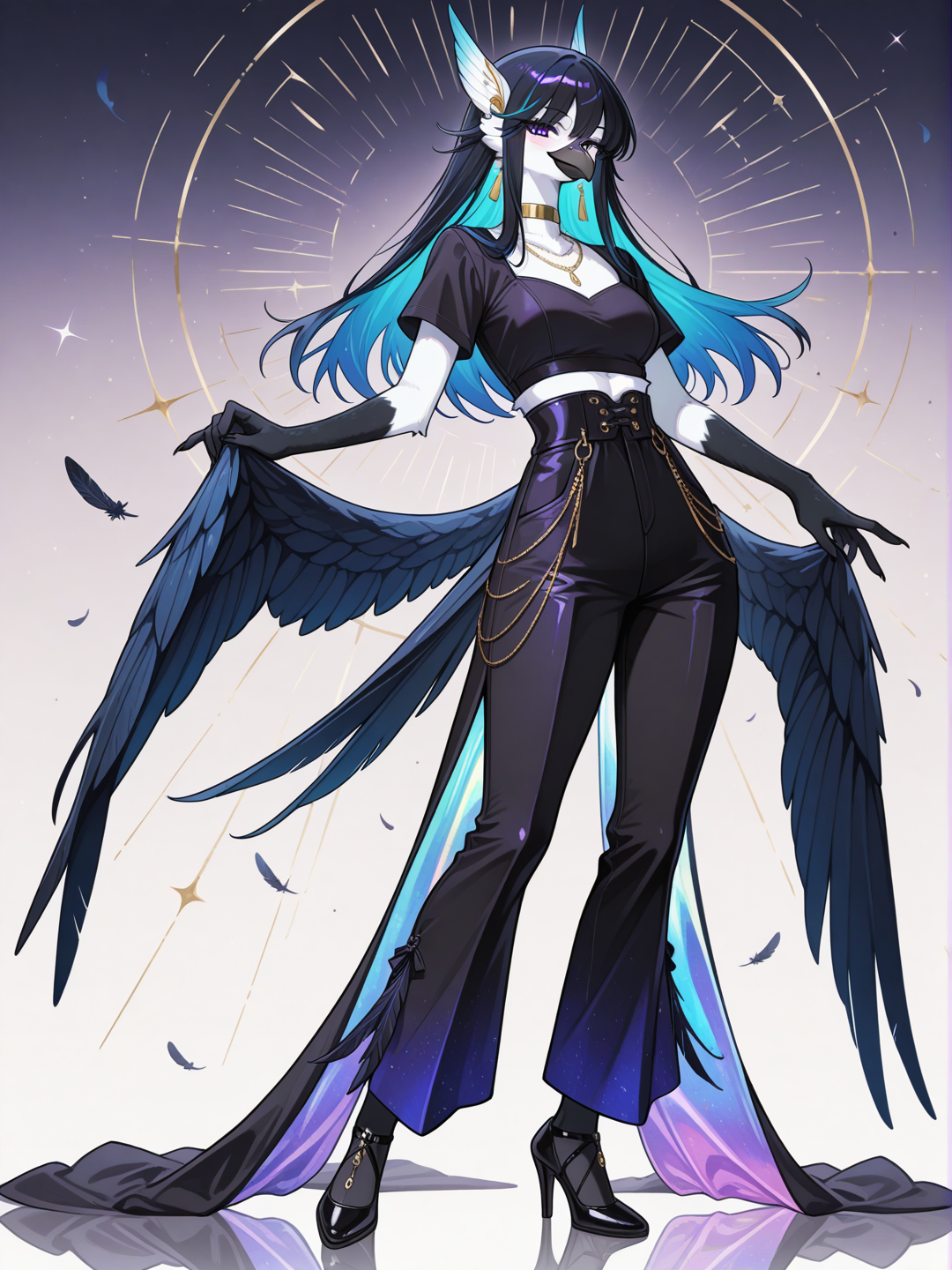 A female Kenku with iridescent black and blue feathers, furry skin, anthro bird, feathered hands, avian beak, and short straight white feather-hair stands in a bright elegant lounge, fancy decor, looking at the viewer. She wears a asymmetrical black short-sleeve fitted top with purple-black high-waisted wide-leg pants featuring pockets and flowing fabric, paired with short black heels and a gold choker necklace. full body, no realism, fantasy anime art style.