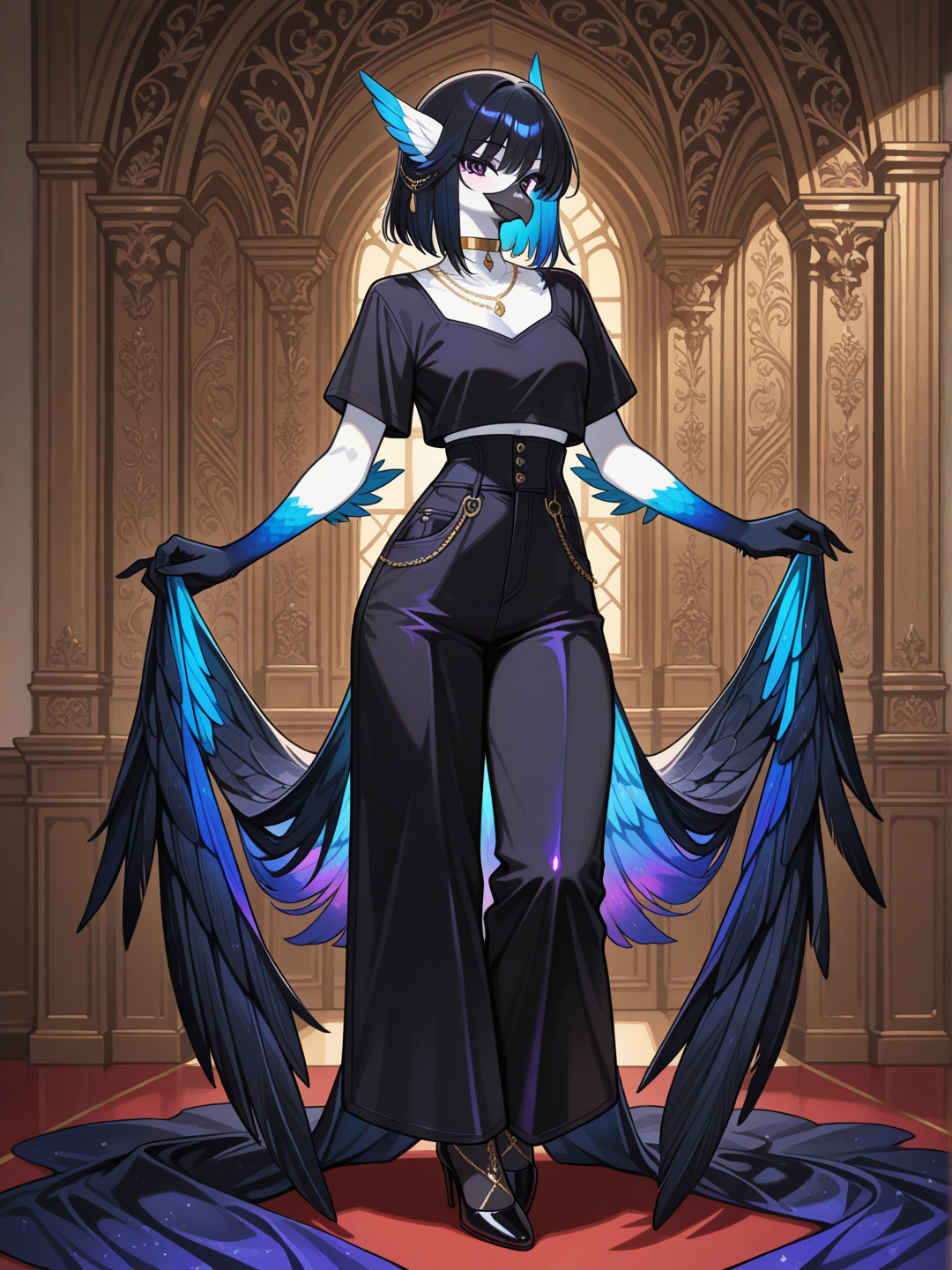 A female Kenku with iridescent black and blue feathers, furry skin, anthro bird, feathered hands, avian beak, and short straight white feather-hair stands in a bright elegant lounge, fancy decor, looking at the viewer. She wears a asymmetrical black short-sleeve fitted top with purple-black high-waisted wide-leg pants featuring pockets and flowing fabric, paired with short black heels and a gold choker necklace. full body, no realism, fantasy anime art style.