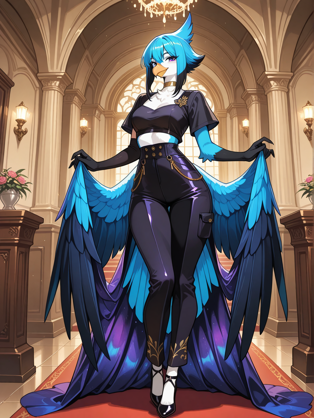A female Kenku with iridescent black and blue feathers, furry skin, anthro bird, feathered hands, avian beak, and short straight white feather-hair stands in a bright elegant lounge, fancy decor, looking at the viewer. She wears a asymmetrical black short-sleeve fitted top with purple-black high-waisted wide-leg pants featuring pockets and flowing fabric, paired with short black heels and a gold choker necklace. full body, no realism, fantasy anime art style.