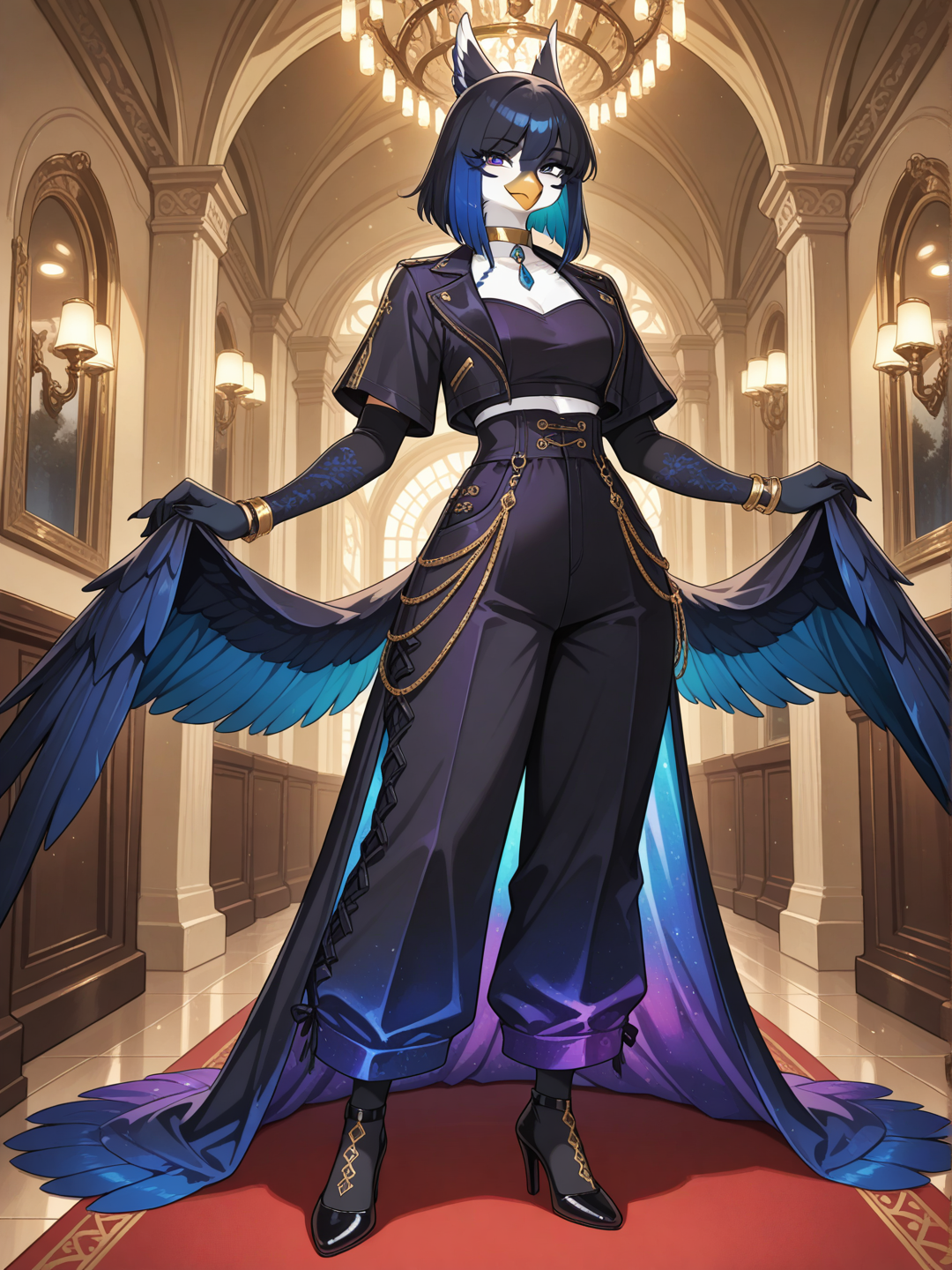 A female Kenku with iridescent black and blue feathers, furry skin, anthro bird, feathered hands, avian beak, and short straight white feather-hair stands in a bright elegant lounge, fancy decor, looking at the viewer. She wears a asymmetrical black short-sleeve fitted top with purple-black high-waisted wide-leg pants featuring pockets and flowing fabric, paired with short black heels and a gold choker necklace. full body, no realism, fantasy anime art style.