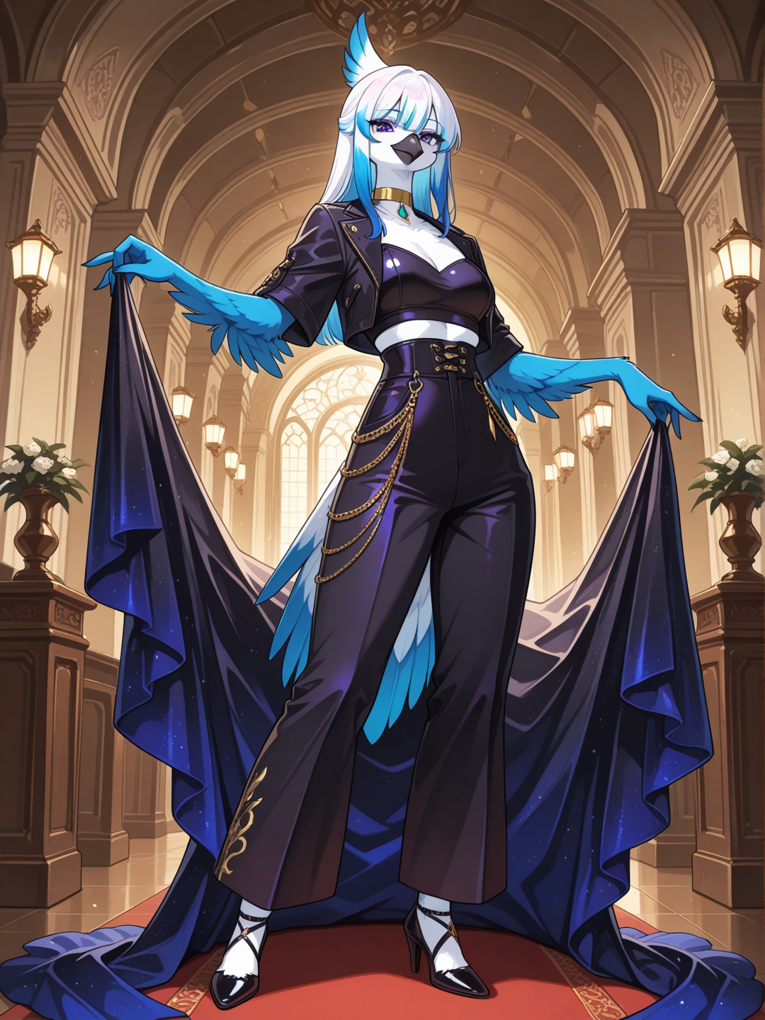 A female Kenku with iridescent black and blue feathers, furry skin, anthro bird, feathered hands, avian beak, and short straight white feather-hair stands in a bright elegant lounge, fancy decor, looking at the viewer. She wears a asymmetrical black short-sleeve fitted top with purple-black high-waisted wide-leg pants featuring pockets and flowing fabric, paired with short black heels and a gold choker necklace. full body, no realism, fantasy anime art style.