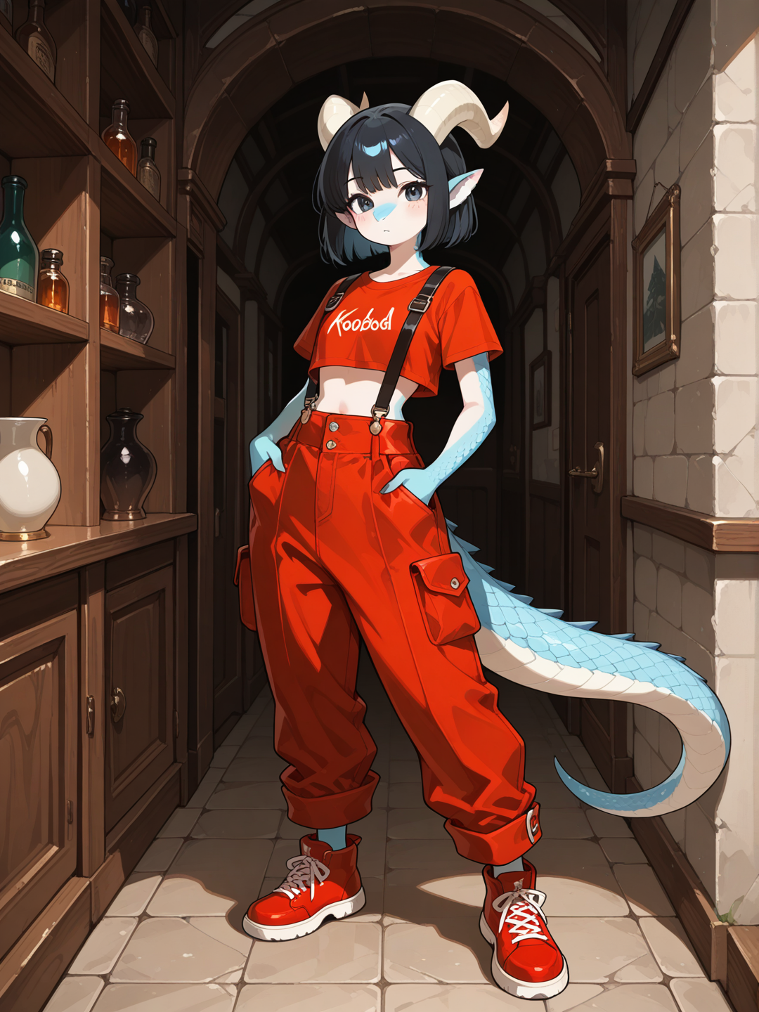 A female Kobold with light blue scales, small snout, horns, and short straight black hair stands in a bright modern interior, looking at the viewer. She wears a red crop top with red cargo overalls featuring suspenders, multiple pockets, and wide legs, paired with matching red regular footwear. full body, no realism, fantasy art style.