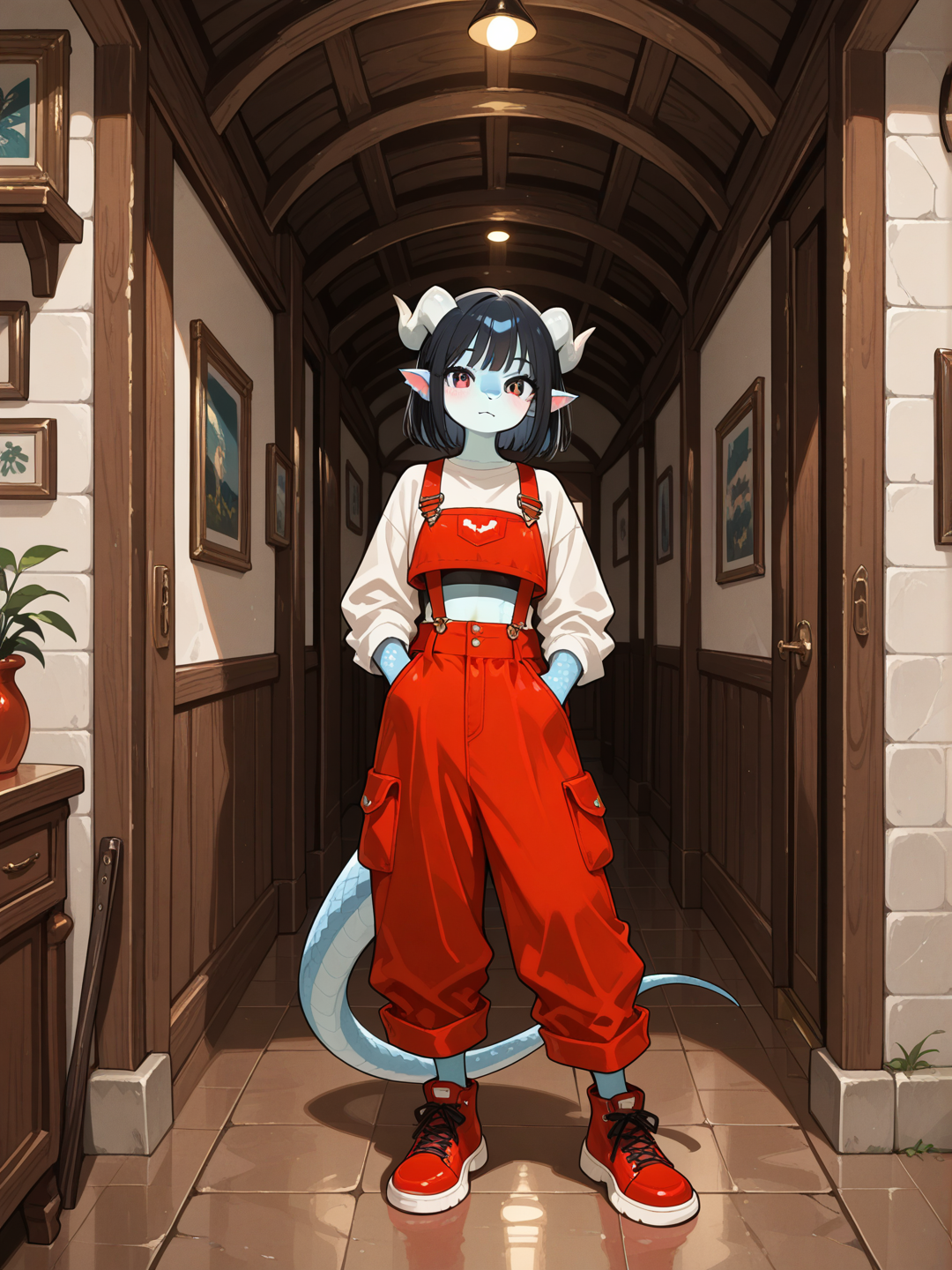 A female Kobold with light blue scales, small snout, horns, and short straight black hair stands in a bright modern interior, looking at the viewer. She wears a red crop top with red cargo overalls featuring suspenders, multiple pockets, and wide legs, paired with matching red regular footwear. full body, no realism, fantasy art style.