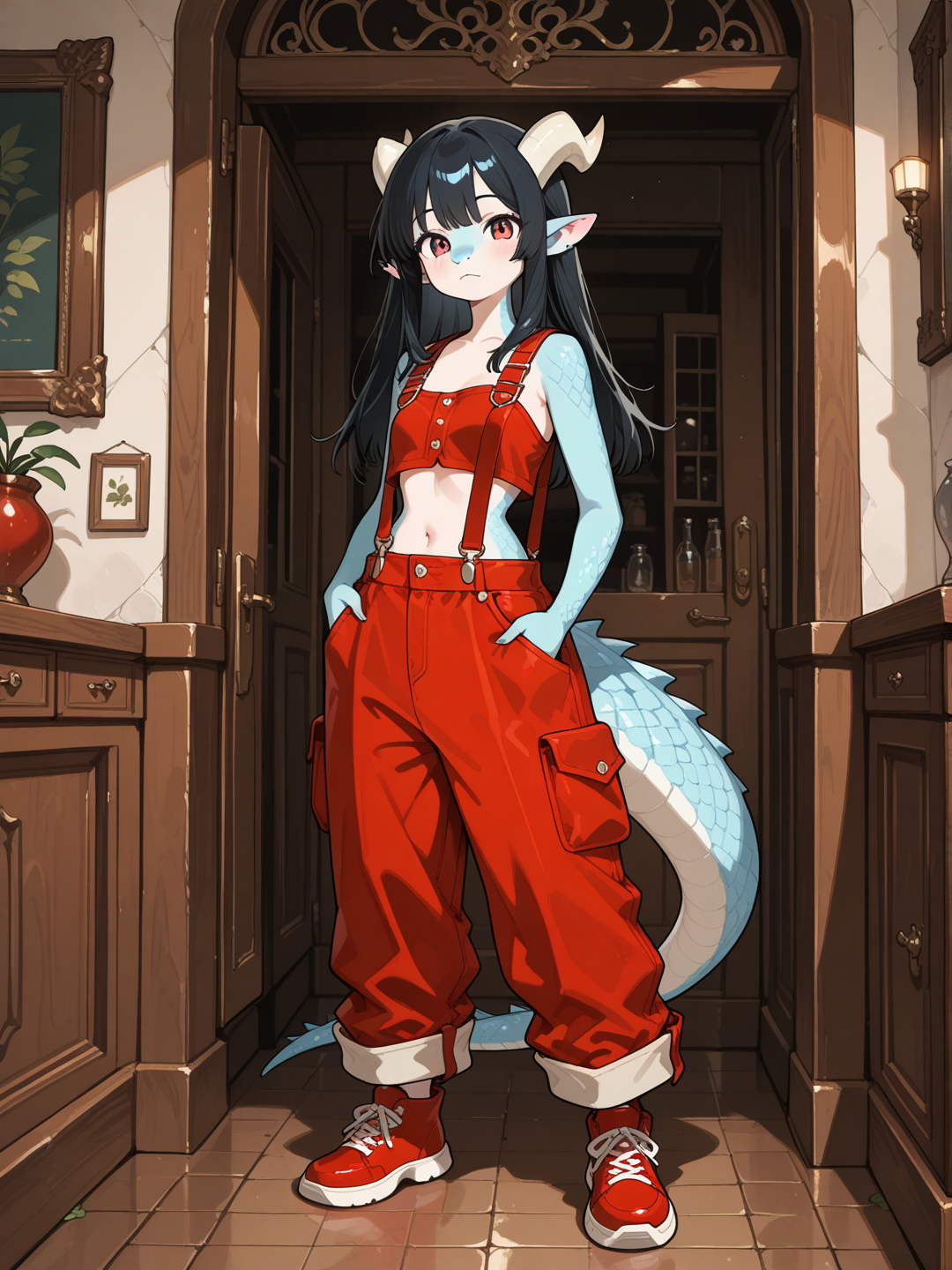 A female Kobold with light blue scales, small snout, horns, and short straight black hair stands in a bright modern interior, looking at the viewer. She wears a red crop top with red cargo overalls featuring suspenders, multiple pockets, and wide legs, paired with matching red regular footwear. full body, no realism, fantasy art style.