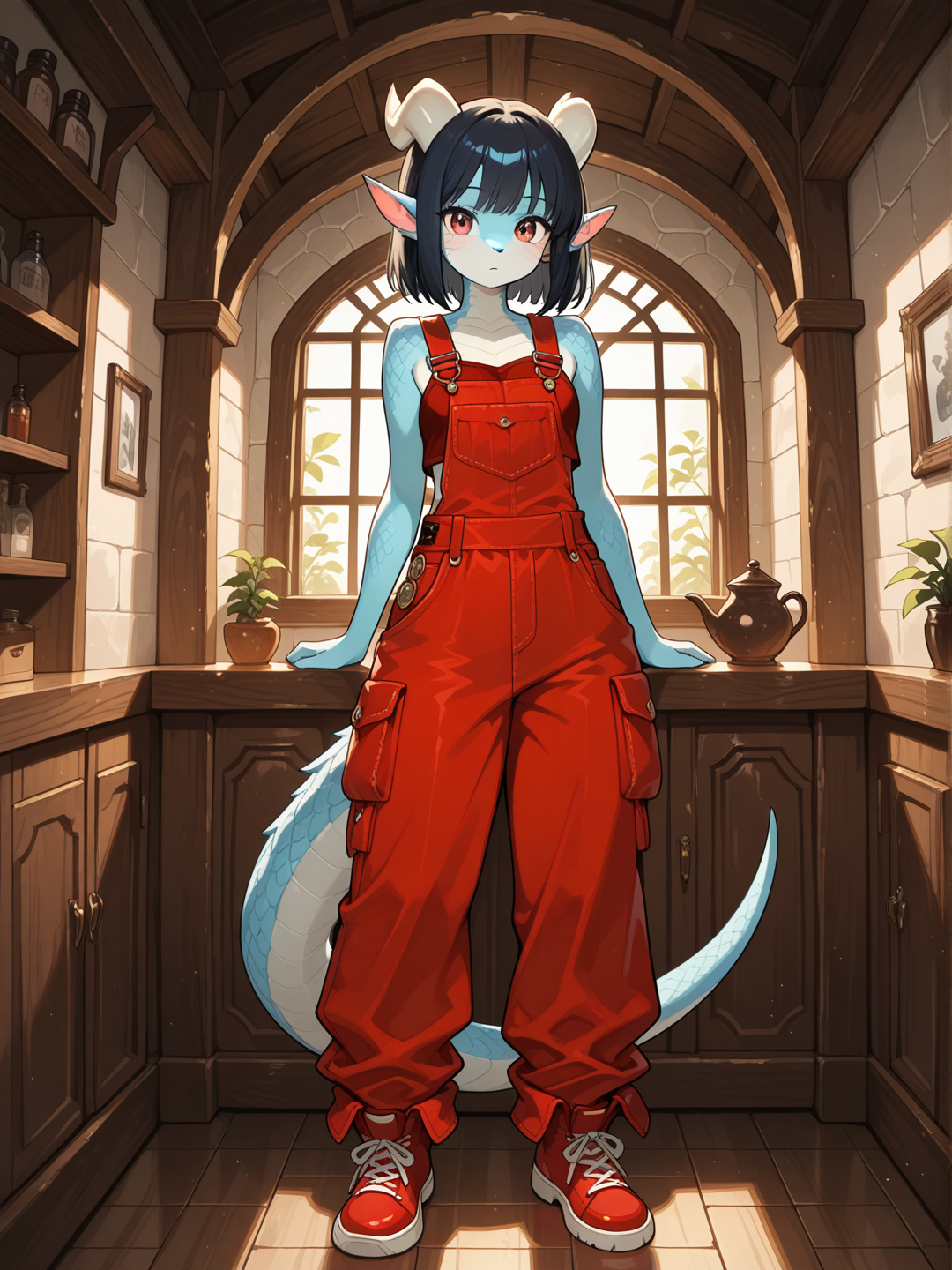 A female Kobold with light blue scales, small snout, horns, and short straight black hair stands in a bright modern interior, looking at the viewer. She wears a red crop top with red cargo overalls featuring suspenders, multiple pockets, and wide legs, paired with matching red regular footwear. full body, no realism, fantasy art style.