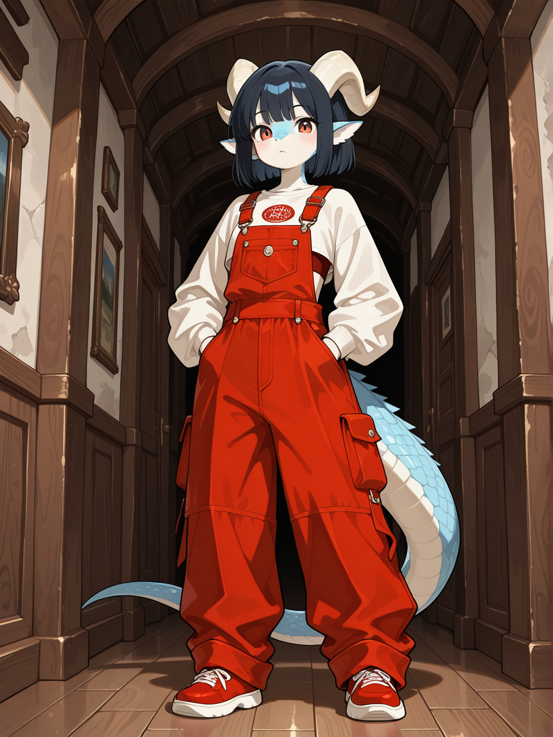 A female Kobold with light blue scales, small snout, horns, and short straight black hair stands in a bright modern interior, looking at the viewer. She wears a red crop top with red cargo overalls featuring suspenders, multiple pockets, and wide legs, paired with matching red regular footwear. full body, no realism, fantasy art style.