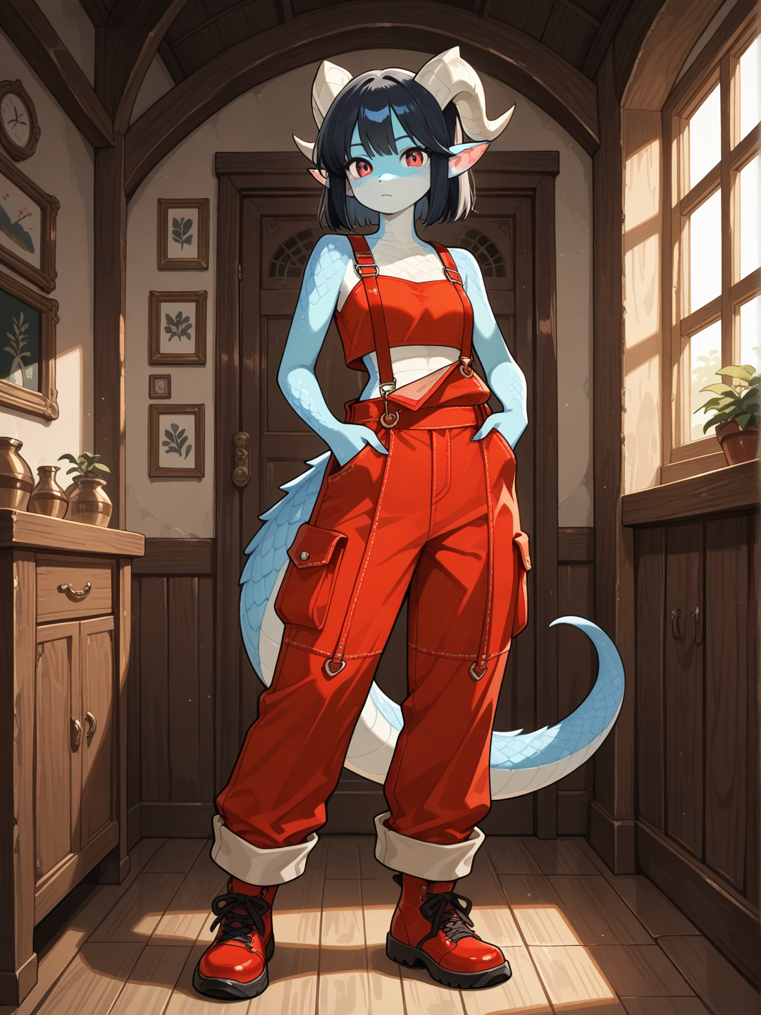 A female Kobold with light blue scales, small snout, horns, and short straight black hair stands in a bright modern interior, looking at the viewer. She wears a red crop top with red cargo overalls featuring suspenders, multiple pockets, and wide legs, paired with matching red regular footwear. full body, no realism, fantasy art style.