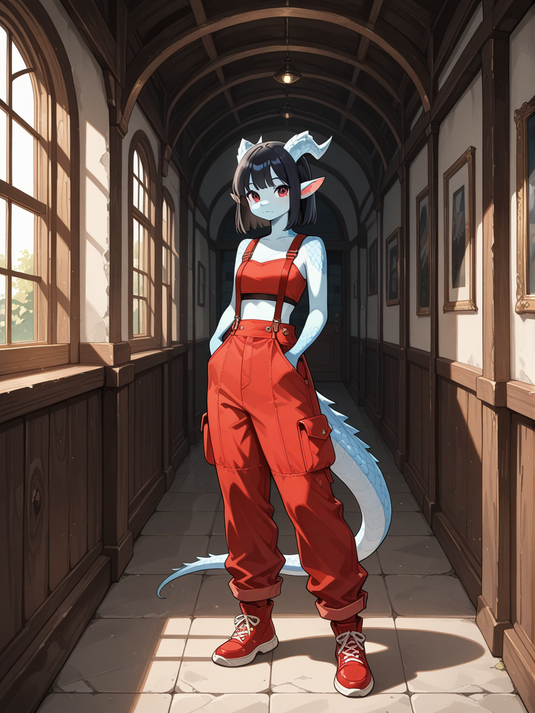 A female Kobold with light blue scales, small snout, horns, and short straight black hair stands in a bright modern interior, looking at the viewer. She wears a red crop top with red cargo overalls featuring suspenders, multiple pockets, and wide legs, paired with matching red regular footwear. full body, no realism, fantasy art style.