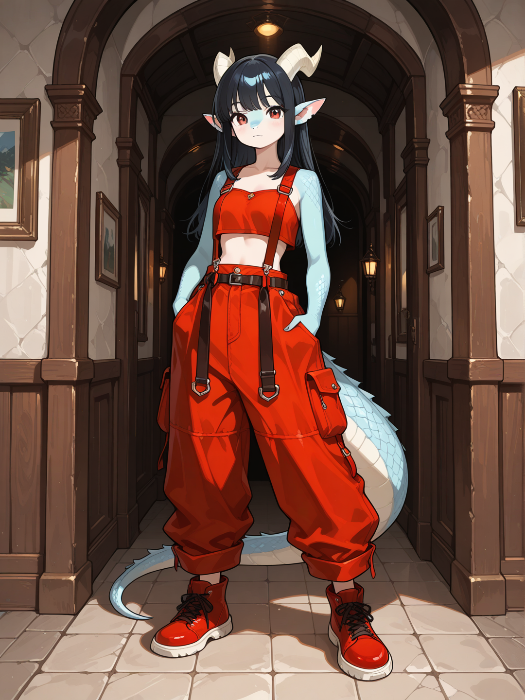 A female Kobold with light blue scales, small snout, horns, and short straight black hair stands in a bright modern interior, looking at the viewer. She wears a red crop top with red cargo overalls featuring suspenders, multiple pockets, and wide legs, paired with matching red regular footwear. full body, no realism, fantasy art style.