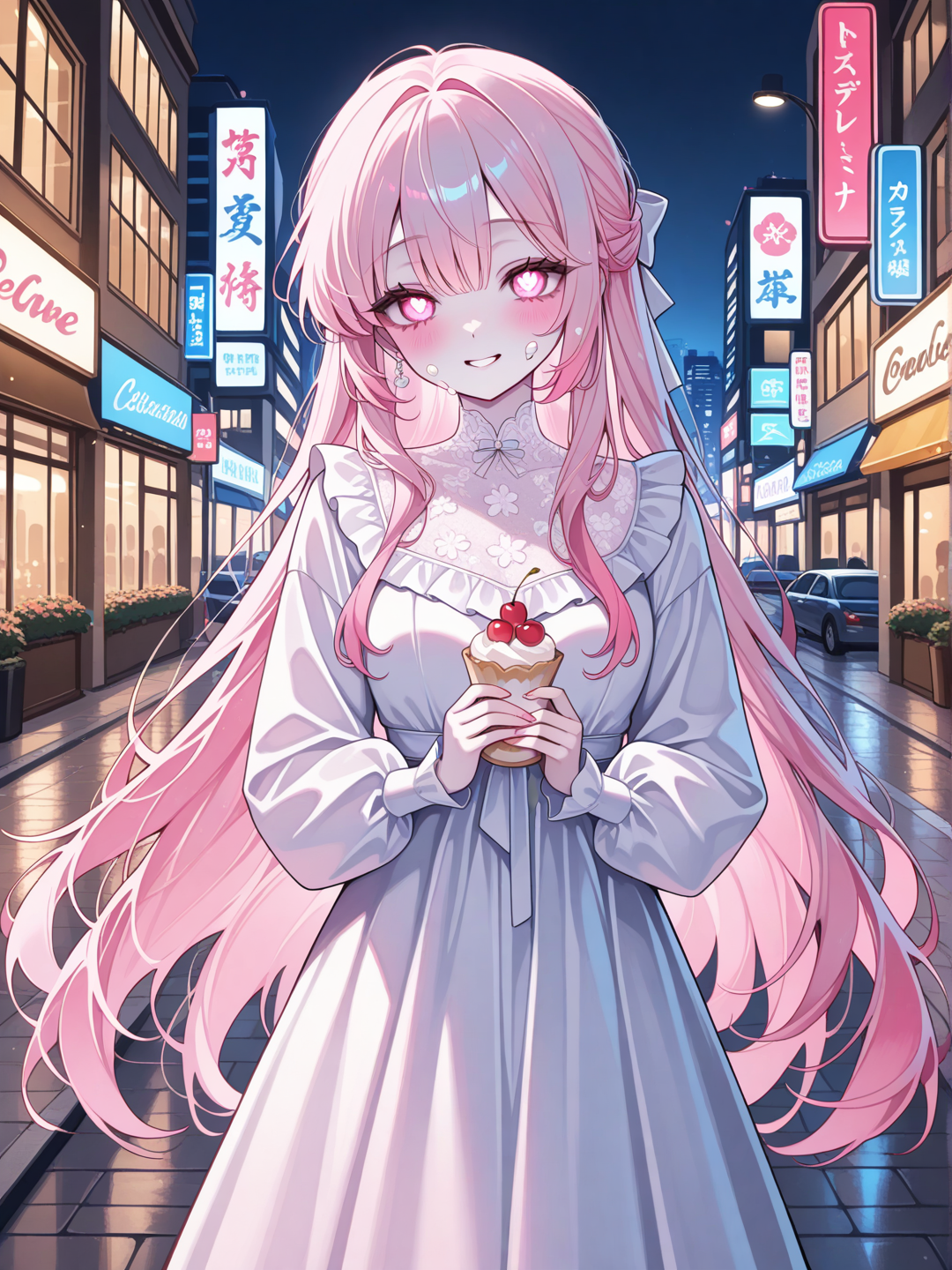 This graceful lady has large, expressive rose-pink eyes. Her fine, straight, long hair is the color of cherry blossoms, and is worn in an elegant half-up style. She has a slender, willowy build. Her skin is porcelain fair. She has delicate features and a gentle smile. Her wardrobe is feminine and flowing, mostly soft pinks, whites and creams. City streets