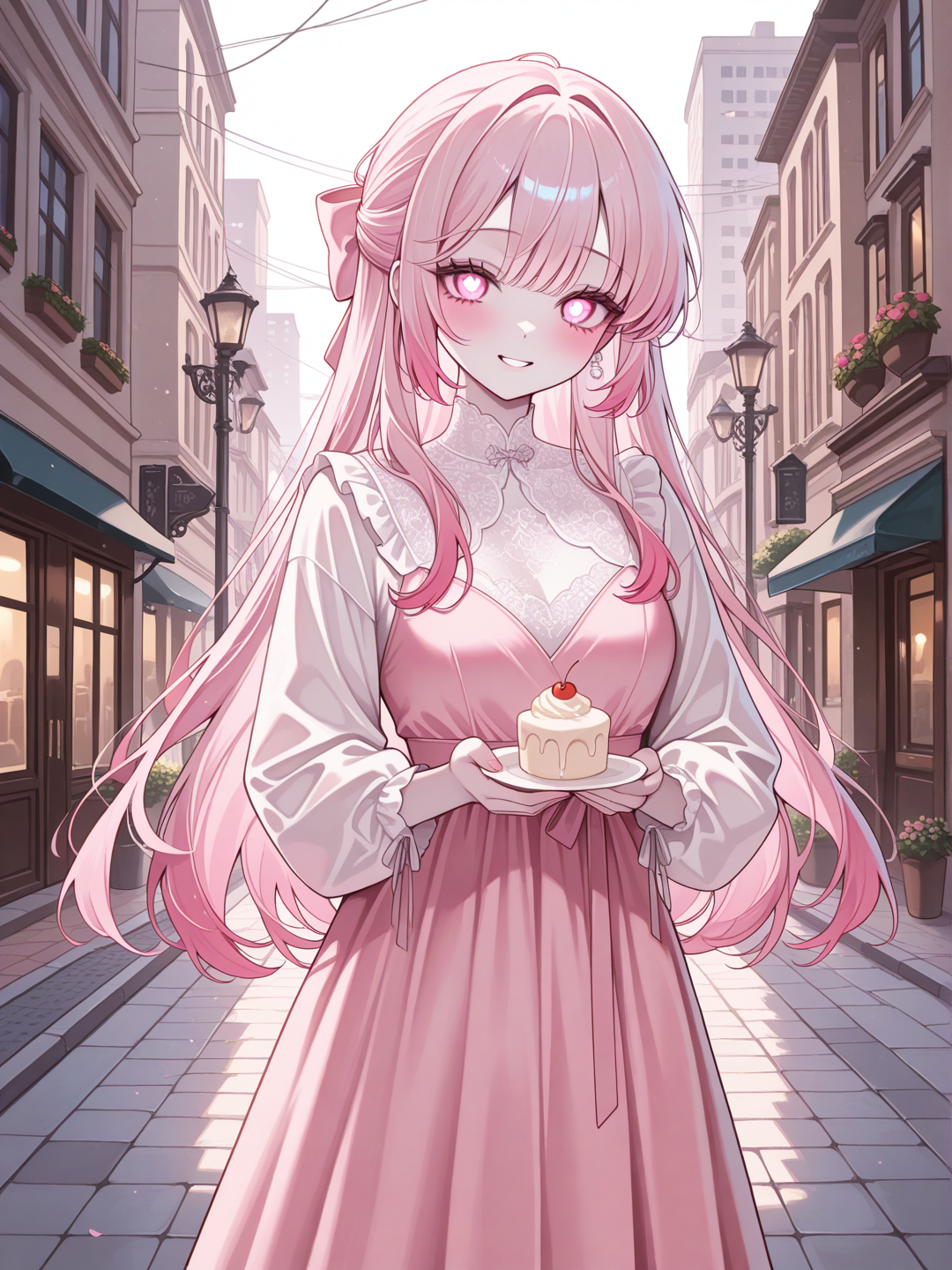 This graceful lady has large, expressive rose-pink eyes. Her fine, straight, long hair is the color of cherry blossoms, and is worn in an elegant half-up style. She has a slender, willowy build. Her skin is porcelain fair. She has delicate features and a gentle smile. Her wardrobe is feminine and flowing, mostly soft pinks, whites and creams. City streets