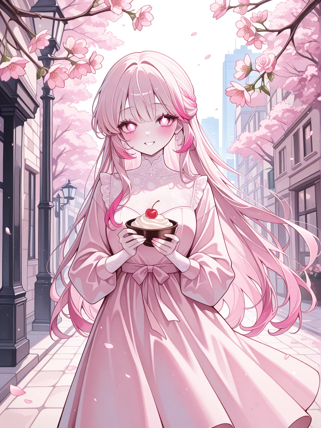 This graceful lady has large, expressive rose-pink eyes. Her fine, straight, long hair is the color of cherry blossoms, and is worn in an elegant half-up style. She has a slender, willowy build. Her skin is porcelain fair. She has delicate features and a gentle smile. Her wardrobe is feminine and flowing, mostly soft pinks, whites and creams. City streets