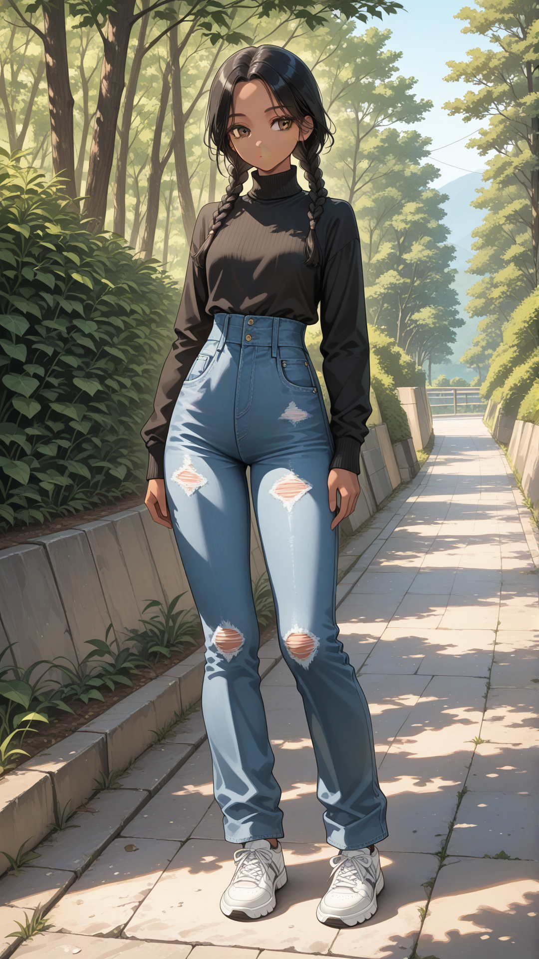 Beautiful adult Native American woman with lightly tan skin, high cheekbones, and warm brown eyes. Long black hair in two thick braids. Wearing a fitted black turtleneck, high-waisted light-wash jeans, and white sneakers. Standing outdoors, full body, soft natural daylight, calm expression.