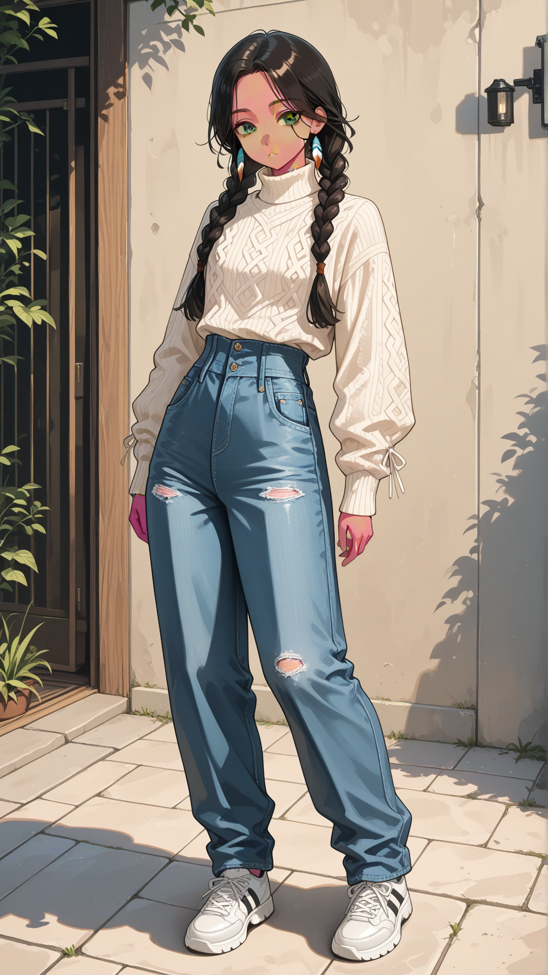 Beautiful adult Native American woman with lightly tan skin, high cheekbones, and warm brown eyes. Long black hair in two thick braids. Wearing a fitted black turtleneck, high-waisted light-wash jeans, and white sneakers. Standing outdoors, full body, soft natural daylight, calm expression.
