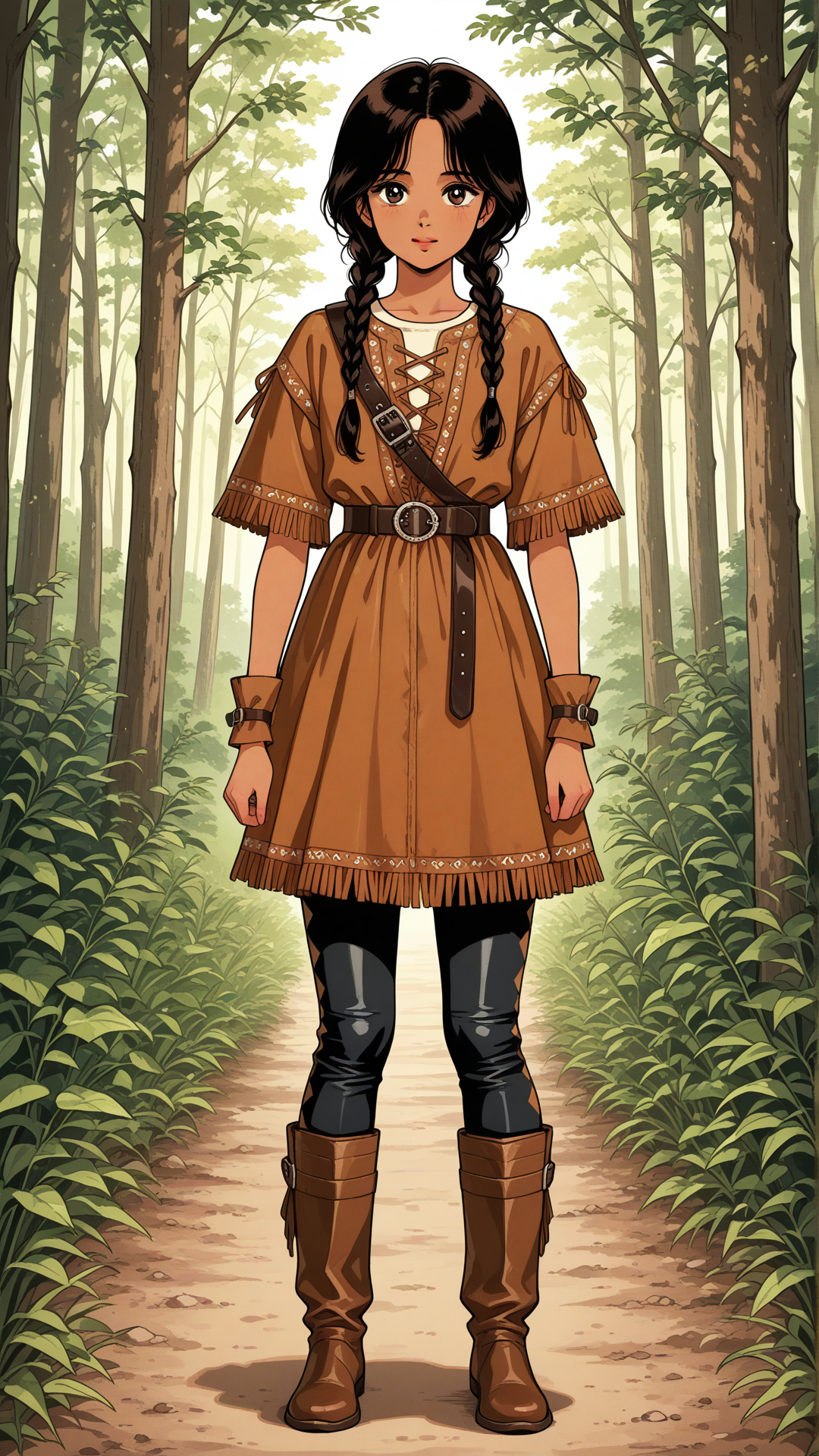 danimoonstarclassic, 1girl, lightly tan skin, Native American features, brown eyes, gentle smile, subtle blush, glossy black hair, center part, hair wrapped in two low braids, golden hair cuffs, traditional-inspired casual buckskin clothing, soft tan buckskin leather tunic, loose natural fit, earth-tone leather, subtle fringe details, simple leather waist belt, buckskin leggings, tan leather moccasin boots, soft suede texture, minimal jewelry, rustic outdoor clothing, Cheyenne-inspired civilian wear, early Danielle Moonstar appearance, Medicine Bow Mountains outfit, natural practical wilderness clothing, 1980s Marvel comic aesthetic
