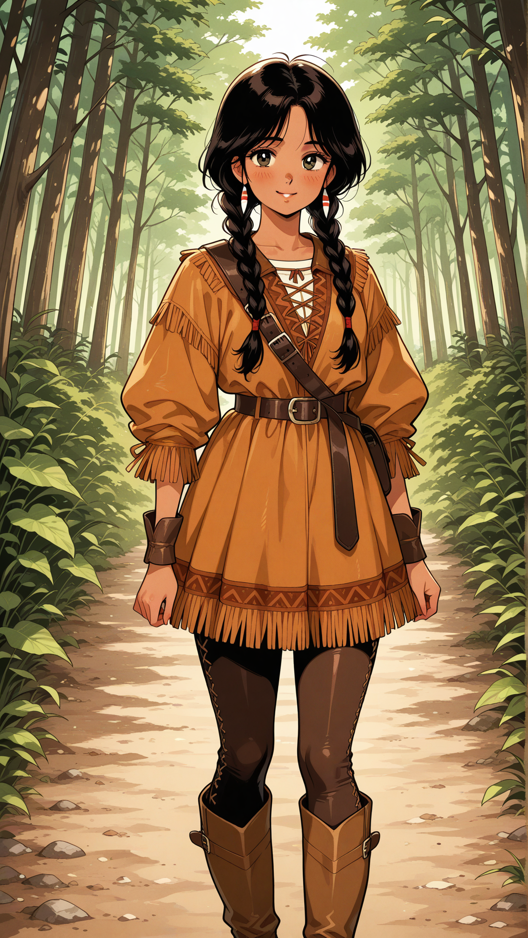 danimoonstarclassic, 1girl, lightly tan skin, Native American features, brown eyes, gentle smile, subtle blush, glossy black hair, center part, hair wrapped in two low braids, golden hair cuffs, traditional-inspired casual buckskin clothing, soft tan buckskin leather tunic, loose natural fit, earth-tone leather, subtle fringe details, simple leather waist belt, buckskin leggings, tan leather moccasin boots, soft suede texture, minimal jewelry, rustic outdoor clothing, Cheyenne-inspired civilian wear, early Danielle Moonstar appearance, Medicine Bow Mountains outfit, natural practical wilderness clothing, 1980s Marvel comic aesthetic