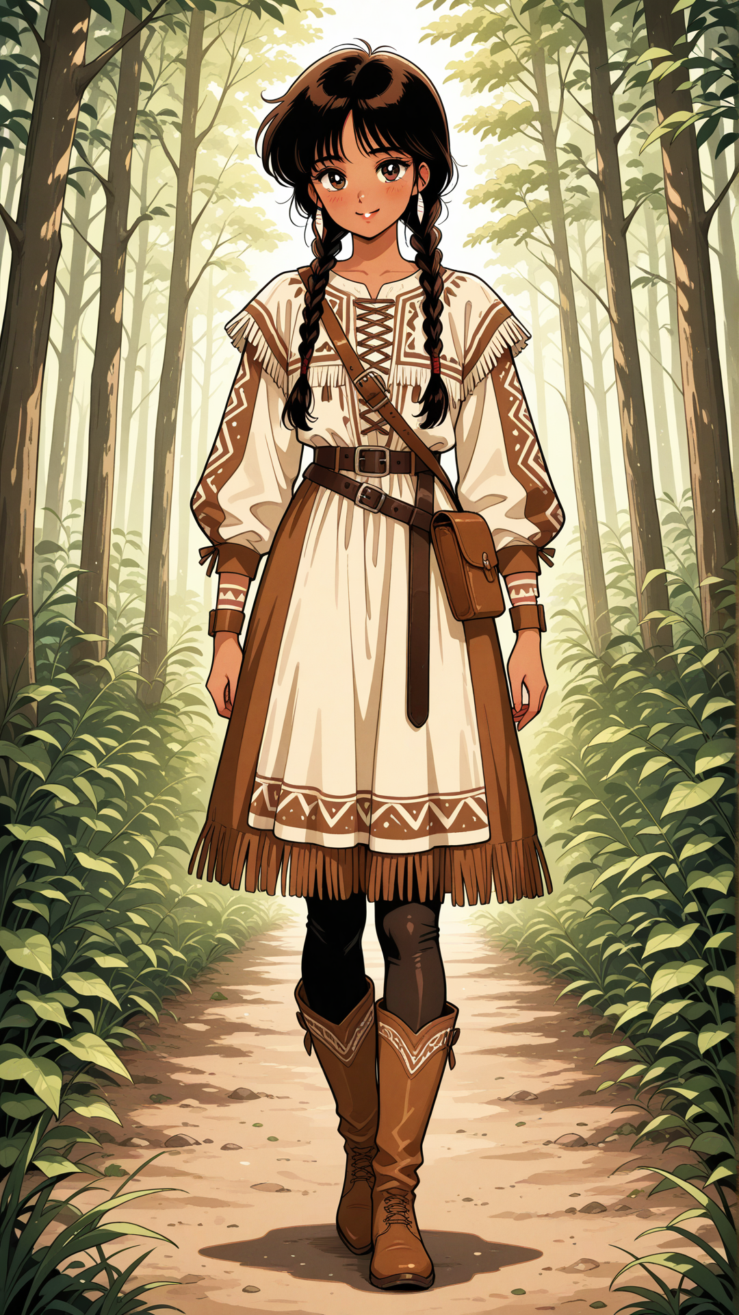 danimoonstarclassic, 1girl, lightly tan skin, Native American features, brown eyes, gentle smile, subtle blush, glossy black hair, center part, hair wrapped in two low braids, golden hair cuffs, traditional-inspired casual buckskin clothing, soft tan buckskin leather tunic, loose natural fit, earth-tone leather, subtle fringe details, simple leather waist belt, buckskin leggings, tan leather moccasin boots, soft suede texture, minimal jewelry, rustic outdoor clothing, Cheyenne-inspired civilian wear, early Danielle Moonstar appearance, Medicine Bow Mountains outfit, natural practical wilderness clothing, 1980s Marvel comic aesthetic