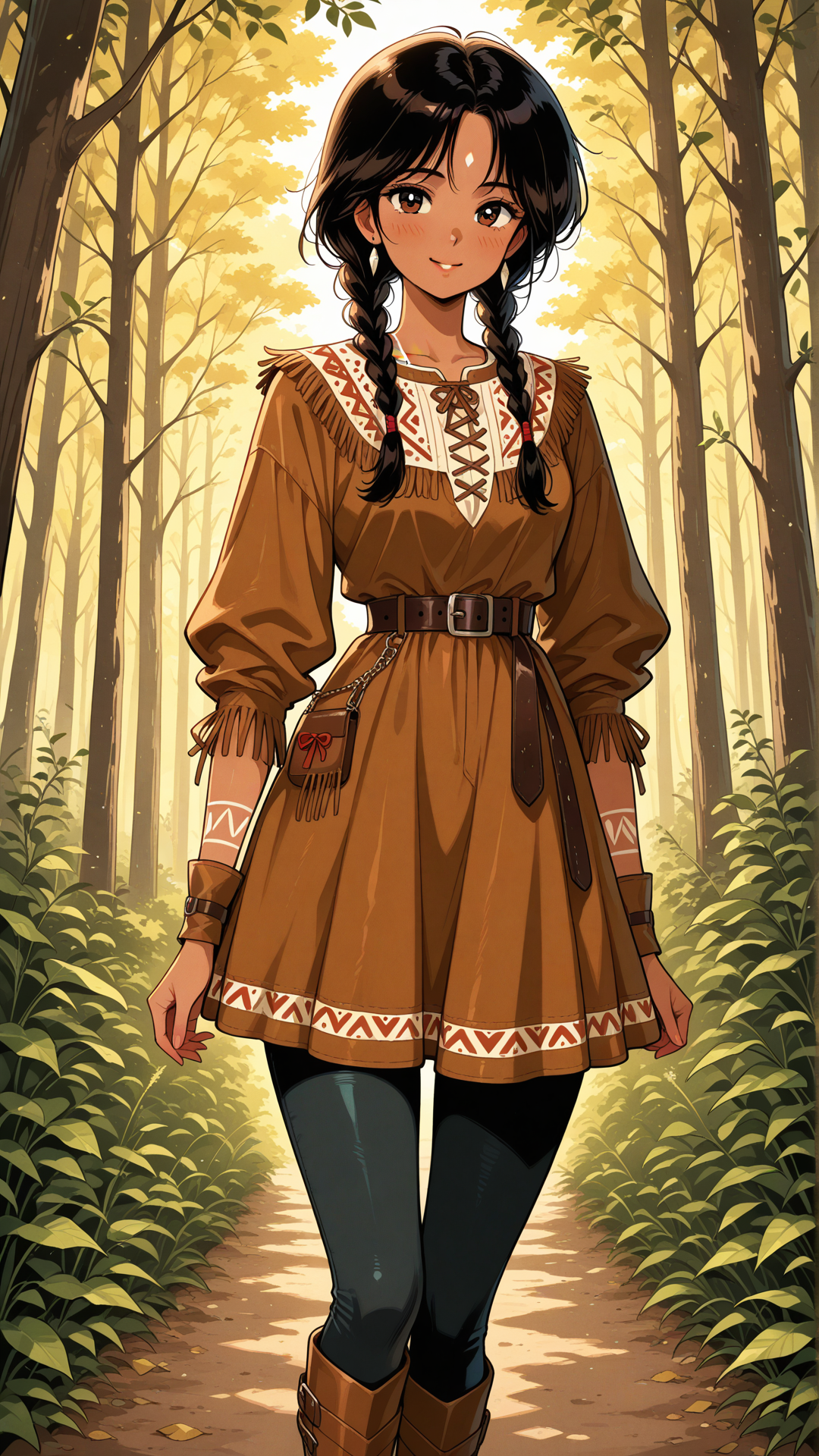 danimoonstarclassic, 1girl, lightly tan skin, Native American features, brown eyes, gentle smile, subtle blush, glossy black hair, center part, hair wrapped in two low braids, golden hair cuffs, traditional-inspired casual buckskin clothing, soft tan buckskin leather tunic, loose natural fit, earth-tone leather, subtle fringe details, simple leather waist belt, buckskin leggings, tan leather moccasin boots, soft suede texture, minimal jewelry, rustic outdoor clothing, Cheyenne-inspired civilian wear, early Danielle Moonstar appearance, Medicine Bow Mountains outfit, natural practical wilderness clothing, 1980s Marvel comic aesthetic
