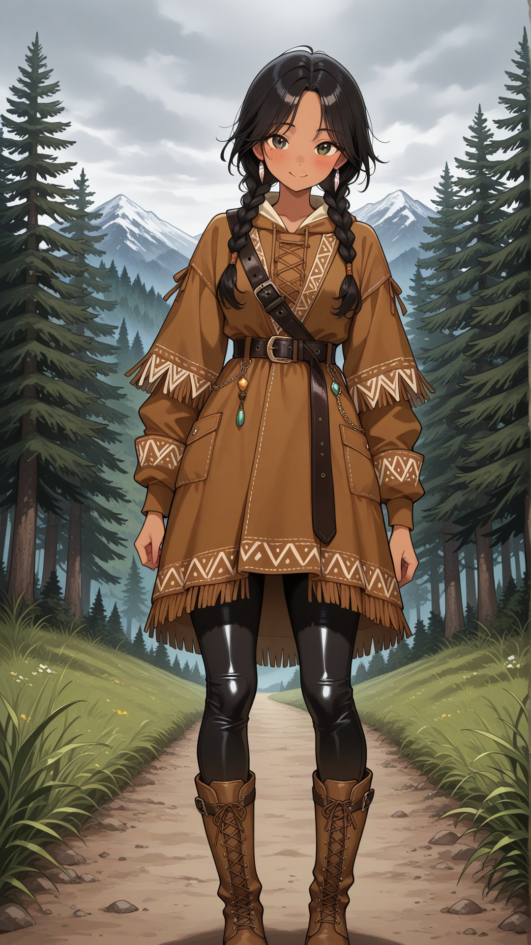 danimoonstarclassic, 1girl, lightly tan skin, Native American features, brown eyes, gentle smile, subtle blush, glossy black hair, center part, hair wrapped in two low braids, golden hair cuffs, soft tan buckskin leather tunic, natural suede texture, loose traditional-inspired fit, long sleeves, subtle fringe trim, simple leather waist belt, matching buckskin leggings, tan moccasin-style boots, earth-tone clothing, minimal accessories, practical wilderness wear, Cheyenne-inspired casual clothing, rustic mountain setting, early Danielle Moonstar inspired outfit