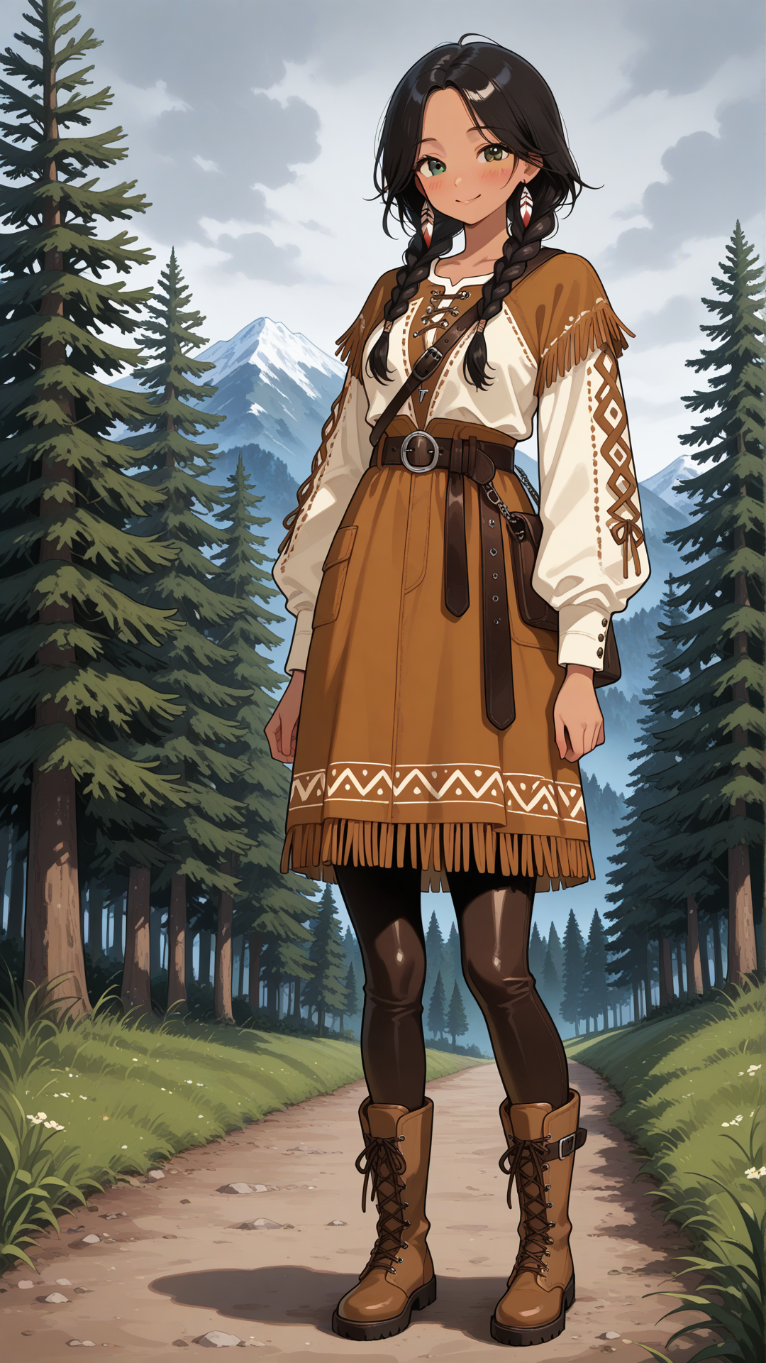 danimoonstarclassic, 1girl, lightly tan skin, Native American features, brown eyes, gentle smile, subtle blush, glossy black hair, center part, hair wrapped in two low braids, golden hair cuffs, soft tan buckskin leather tunic, natural suede texture, loose traditional-inspired fit, long sleeves, subtle fringe trim, simple leather waist belt, matching buckskin leggings, tan moccasin-style boots, earth-tone clothing, minimal accessories, practical wilderness wear, Cheyenne-inspired casual clothing, rustic mountain setting, early Danielle Moonstar inspired outfit