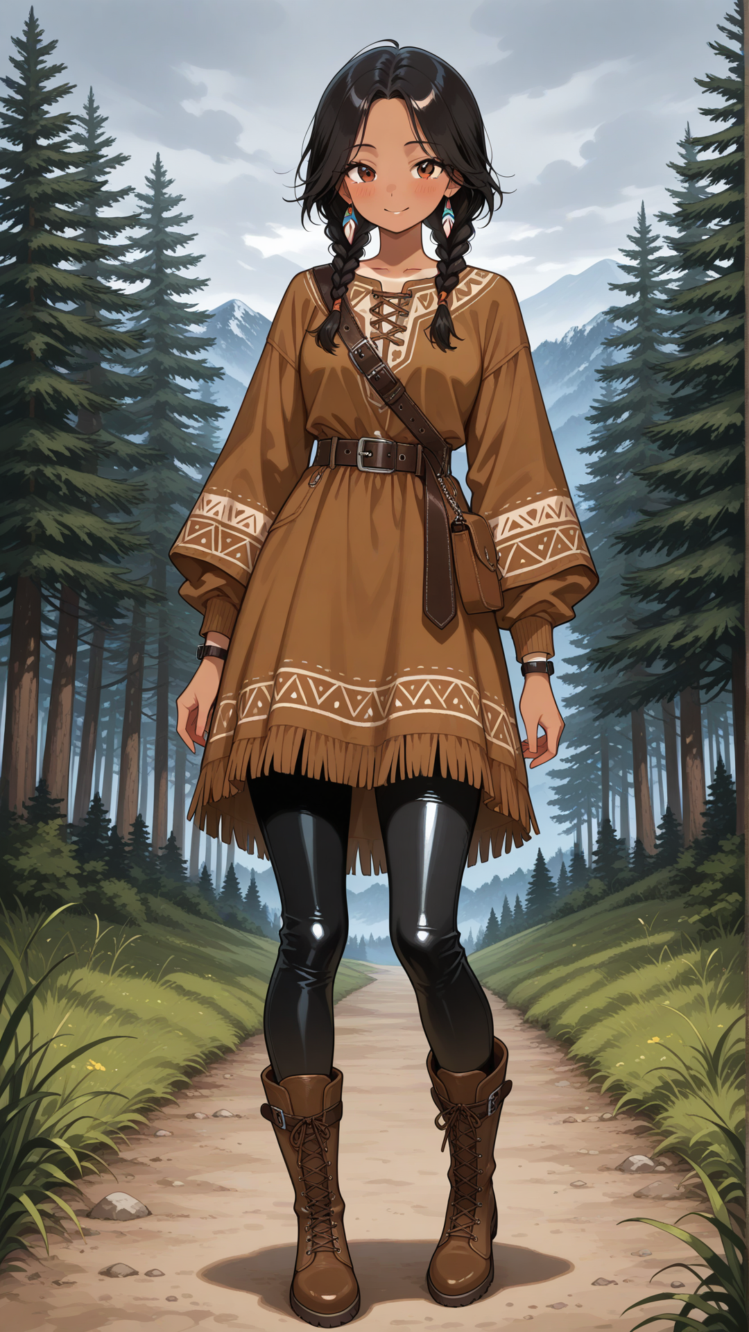 danimoonstarclassic, 1girl, lightly tan skin, Native American features, brown eyes, gentle smile, subtle blush, glossy black hair, center part, hair wrapped in two low braids, golden hair cuffs, soft tan buckskin leather tunic, natural suede texture, loose traditional-inspired fit, long sleeves, subtle fringe trim, simple leather waist belt, matching buckskin leggings, tan moccasin-style boots, earth-tone clothing, minimal accessories, practical wilderness wear, Cheyenne-inspired casual clothing, rustic mountain setting, early Danielle Moonstar inspired outfit