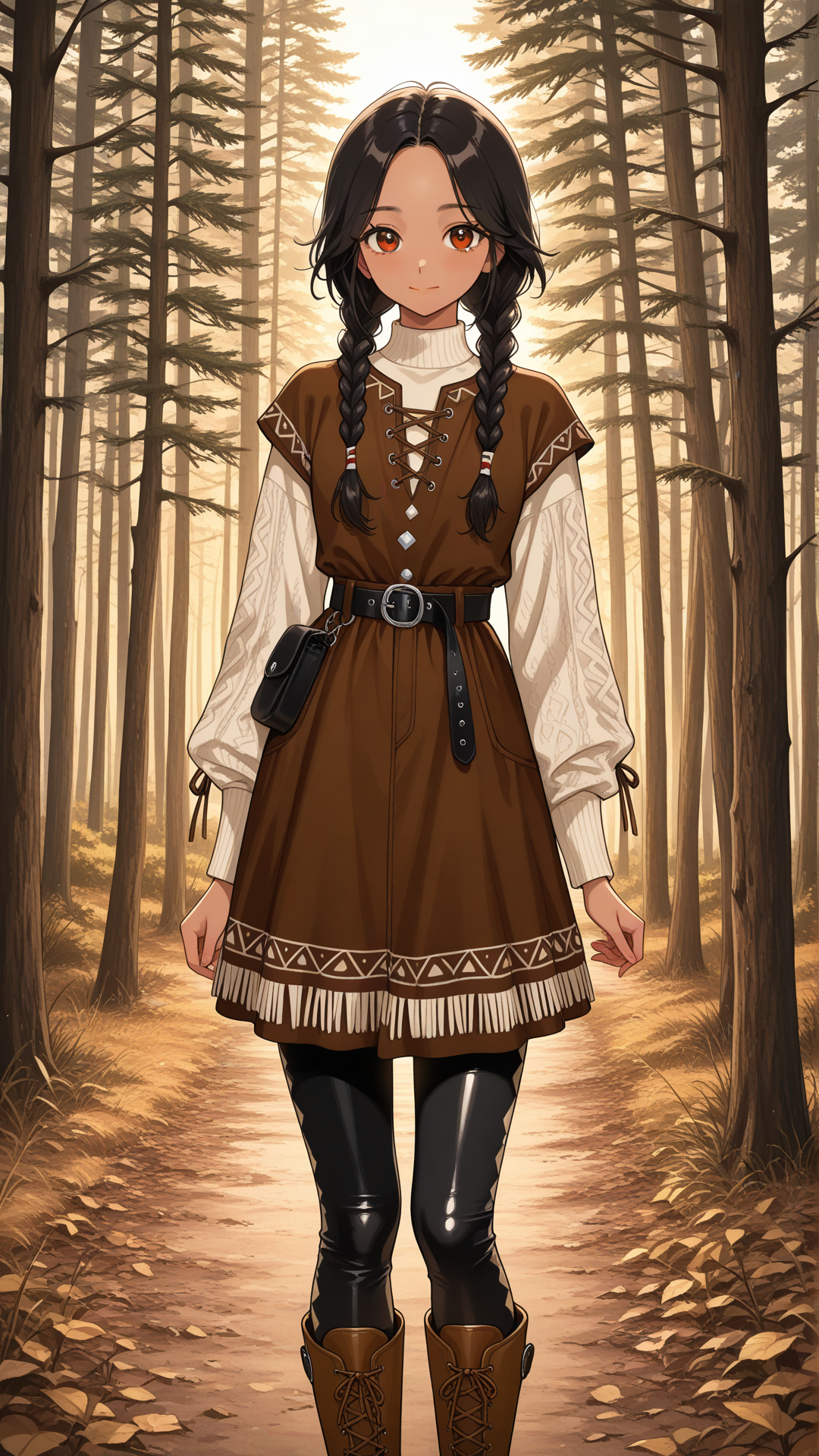 danimoonstarclassic, 1girl, lightly tan skin, Native American features, brown eyes, gentle smile, subtle blush, glossy black hair, center part, hair wrapped in two low braids, golden hair cuffs, soft tan buckskin leather tunic, natural suede texture, loose traditional-inspired fit, long sleeves, subtle fringe trim, simple leather waist belt, matching buckskin leggings, tan moccasin-style boots, earth-tone clothing, minimal accessories, practical wilderness wear, Cheyenne-inspired casual clothing, rustic mountain setting, early Danielle Moonstar inspired outfit