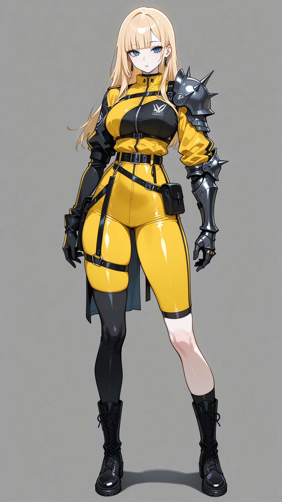 magikoriginal, 1girl, adult woman, pale skin, blue eyes, long blonde hair, blunt bangs, athletic slender build, classic New Mutants costume, black and yellow uniform, belt, gloves, single shoulder armor, single gauntlet, asymmetrical legwear, boots