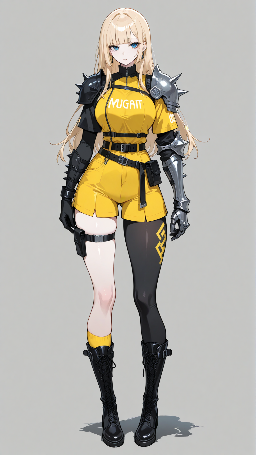 magikoriginal, 1girl, adult woman, pale skin, blue eyes, long blonde hair, blunt bangs, athletic slender build, classic New Mutants costume, black and yellow uniform, belt, gloves, single shoulder armor, single gauntlet, asymmetrical legwear, boots