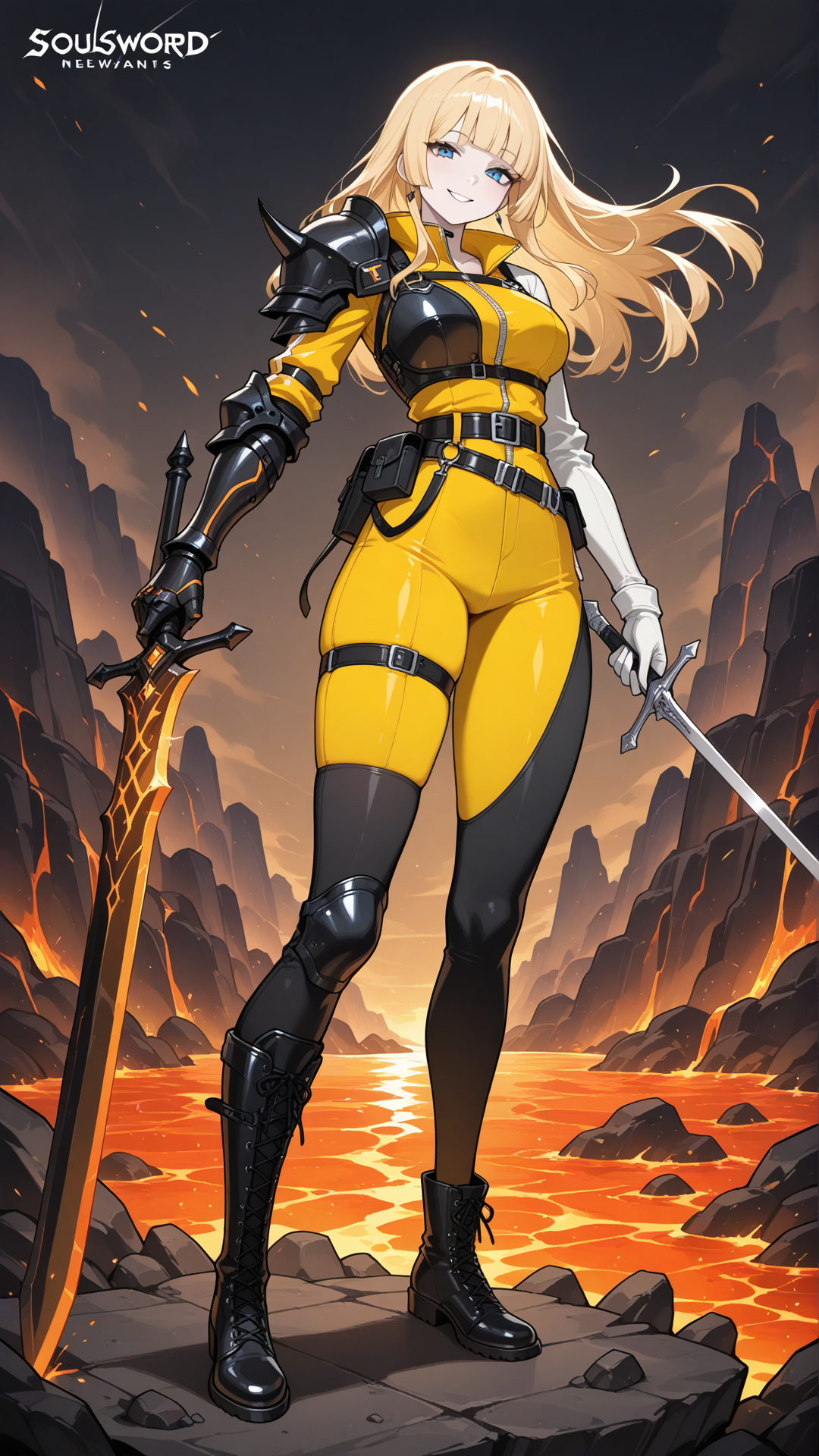 magikoriginal, 1girl, adult woman, pale skin, blue eyes, long blonde hair, blunt bangs, athletic slender build, classic New Mutants costume, black and yellow uniform, belt, gloves, single shoulder armor, single gauntlet, asymmetrical legwear, boots
smile, soulsword, holding sword, mountains, dark world, lava