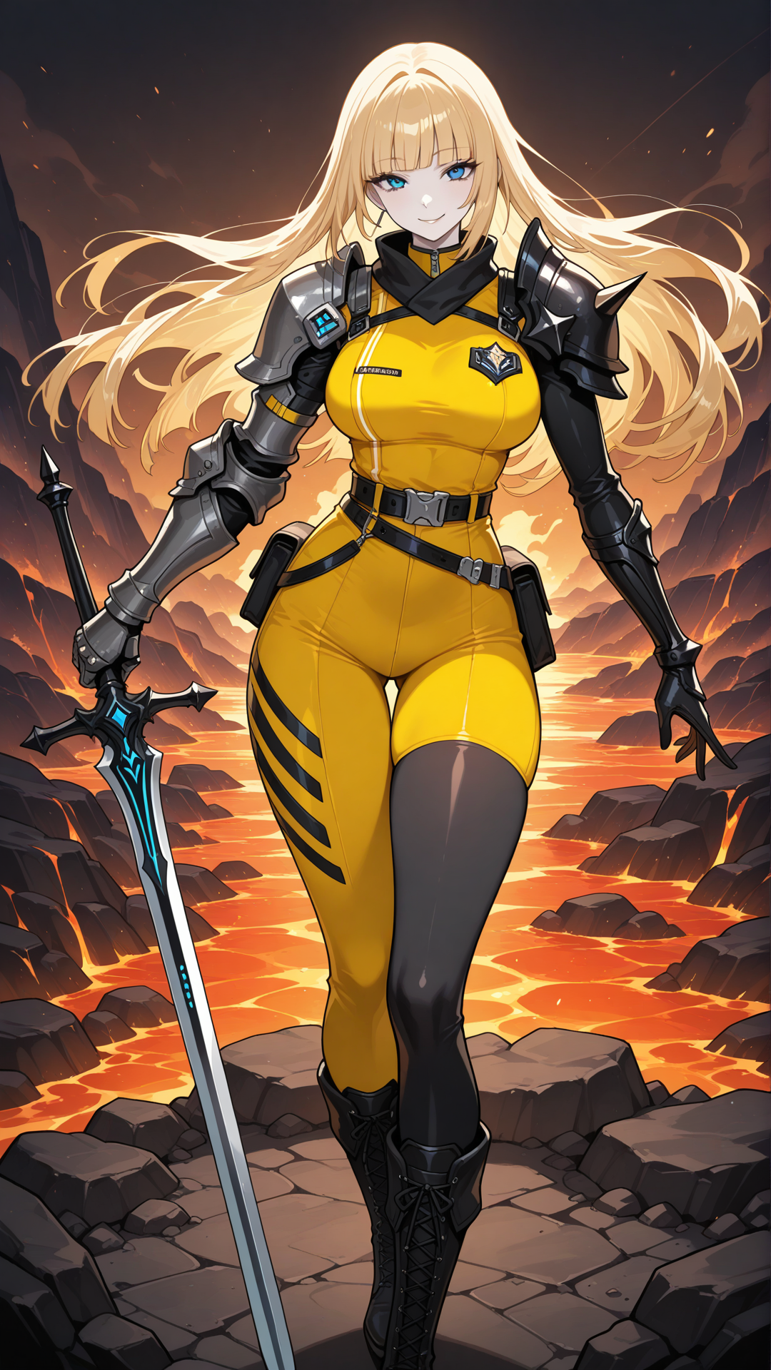 magikoriginal, 1girl, adult woman, pale skin, blue eyes, long blonde hair, blunt bangs, athletic slender build, classic New Mutants costume, black and yellow uniform, belt, gloves, single shoulder armor, single gauntlet, asymmetrical legwear, boots
smile, soulsword, holding sword, mountains, dark world, lava