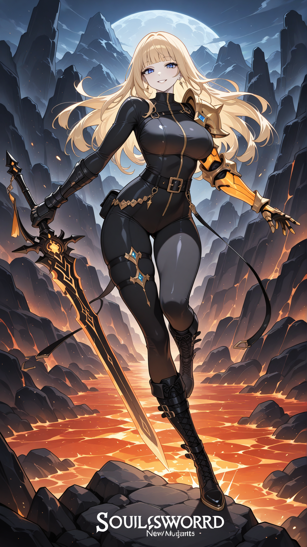 magikoriginal, 1girl, adult woman, pale skin, blue eyes, long blonde hair, blunt bangs, athletic slender build, classic New Mutants costume, black and yellow uniform, belt, gloves, single shoulder armor, single gauntlet, asymmetrical legwear, boots
smile, soulsword, holding sword, mountains, dark world, lava