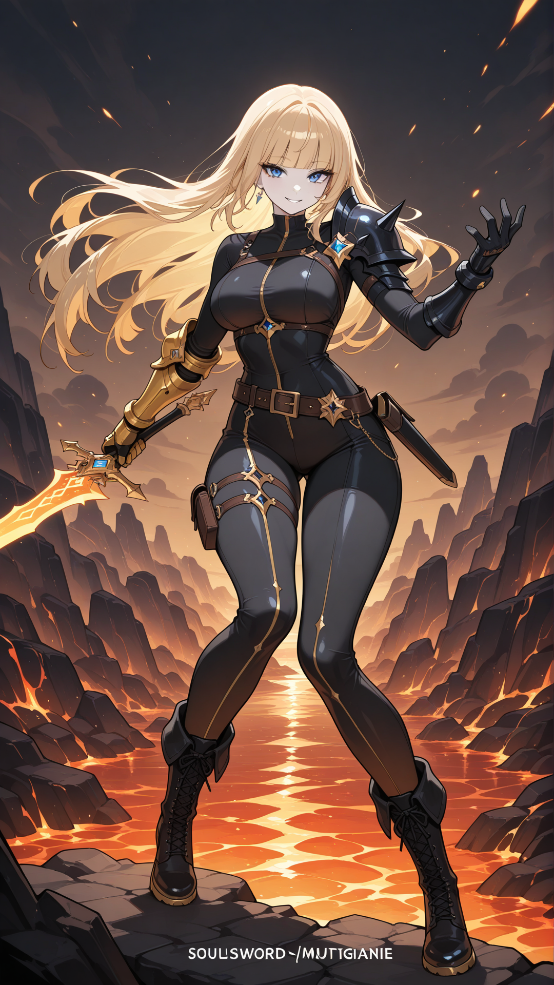 magikoriginal, 1girl, adult woman, pale skin, blue eyes, long blonde hair, blunt bangs, athletic slender build, classic New Mutants costume, black and yellow uniform, belt, gloves, single shoulder armor, single gauntlet, asymmetrical legwear, boots
smile, soulsword, holding sword, mountains, dark world, lava