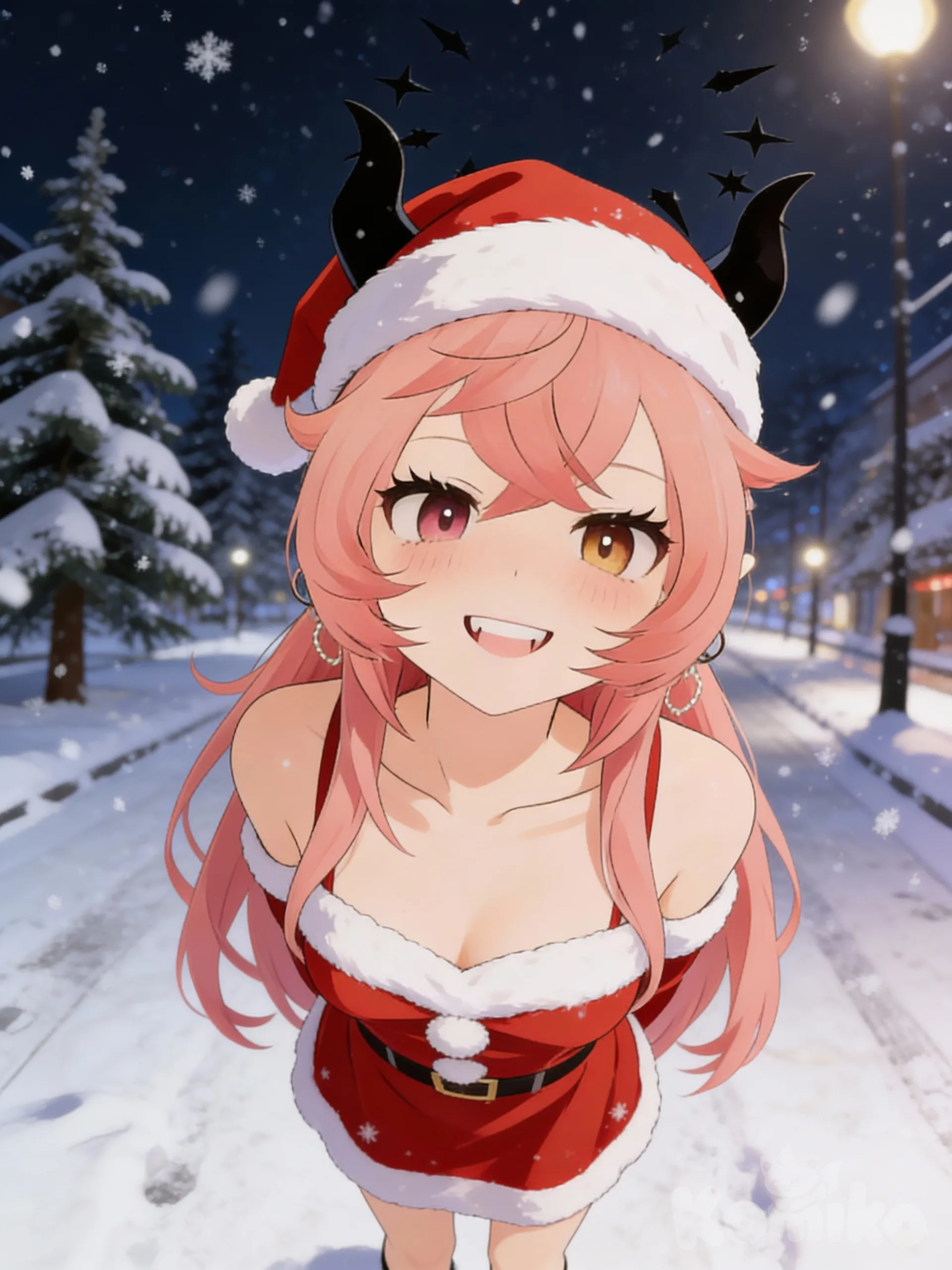 single character, light [sweet-painting-style], smile, from below, santa hat, santa dress, pine tree, night,street, snowing