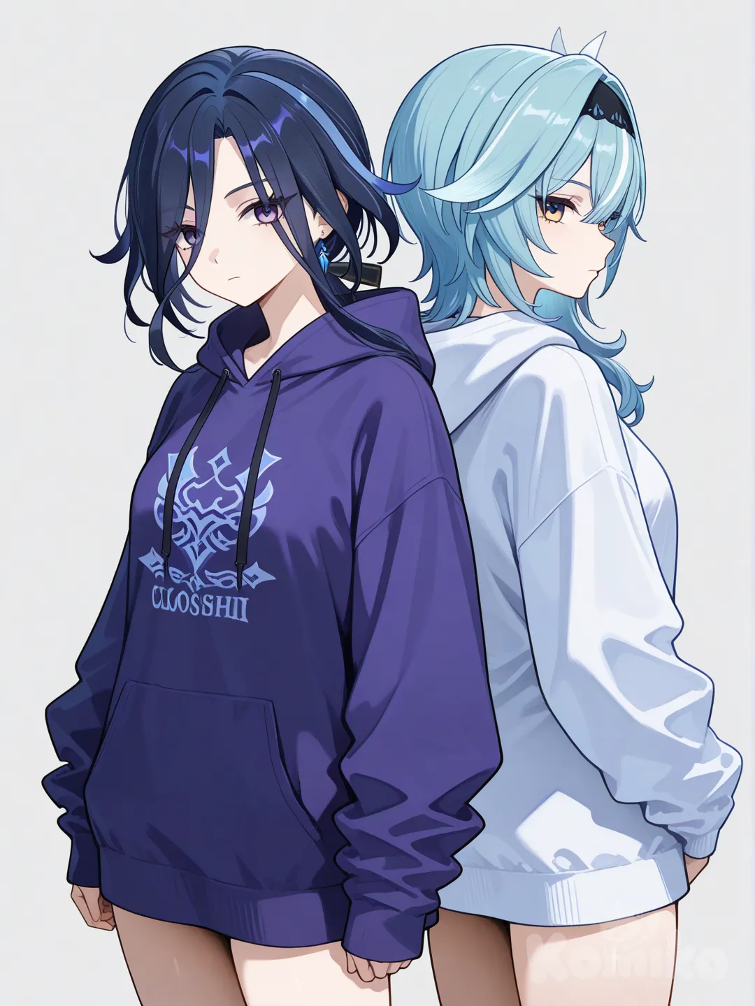 @Clorinde_(Genshin_Impact), @Eula_(Genshin_Impact), back to back, expressionless, hoodie