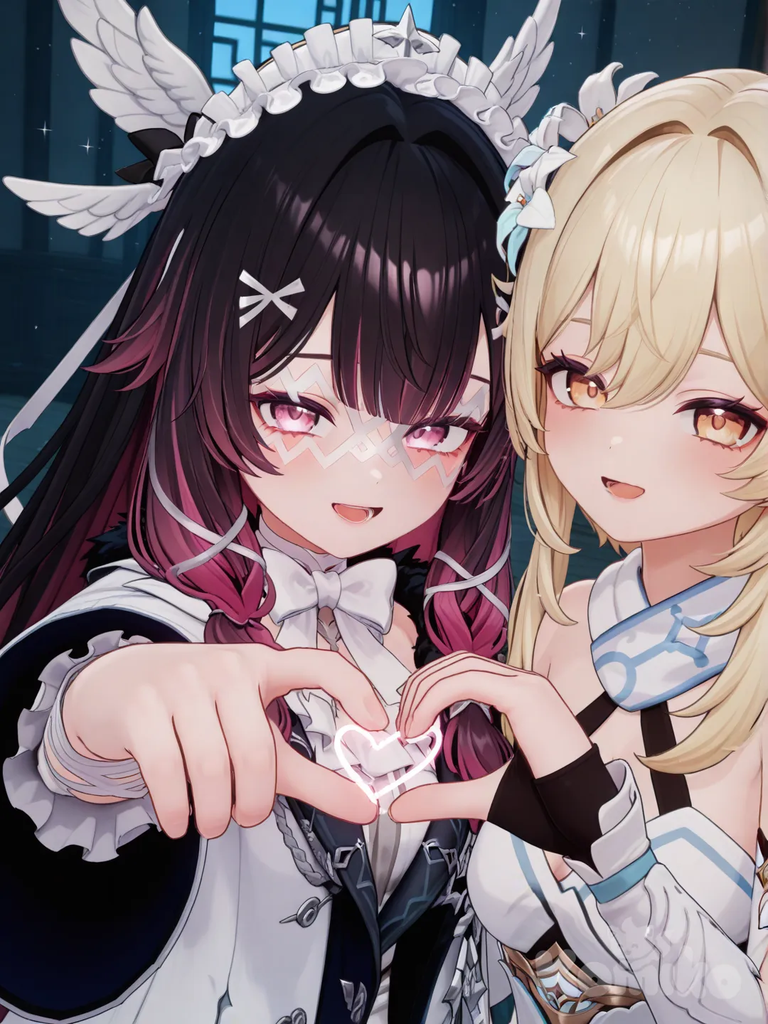 @Columbina_(Genshin_Impact), @Lumine_(Genshin_Impact), [3d-anime-style], heart hands, pointing at viewer, holding hands, smile, open mouth, laughing, portrait, upper body, looking at viewer, cinematic lighting, sparkle