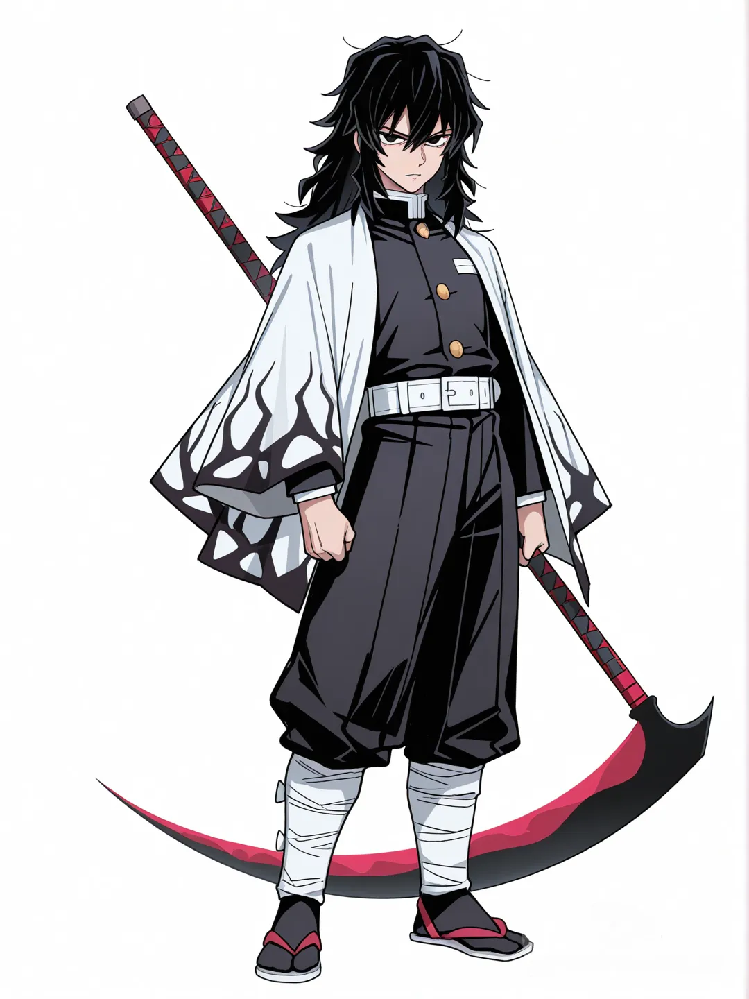 [toon-shaded-style] 1boy, demon_slayer, black_hair, long_hair, scythe, intimidating, serious, single character, full body, looking at viewer, anime style, simple background, white background