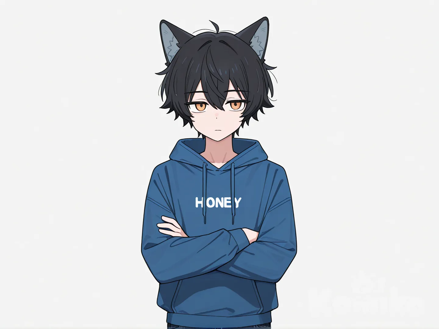 1 boy , short dark curly hair , blue hoodie , black jeans , standing , white background , upper body shot , honey color eyes , has blue wolf ears , expersationless, [toon-shaded-style] cool aura farm pose