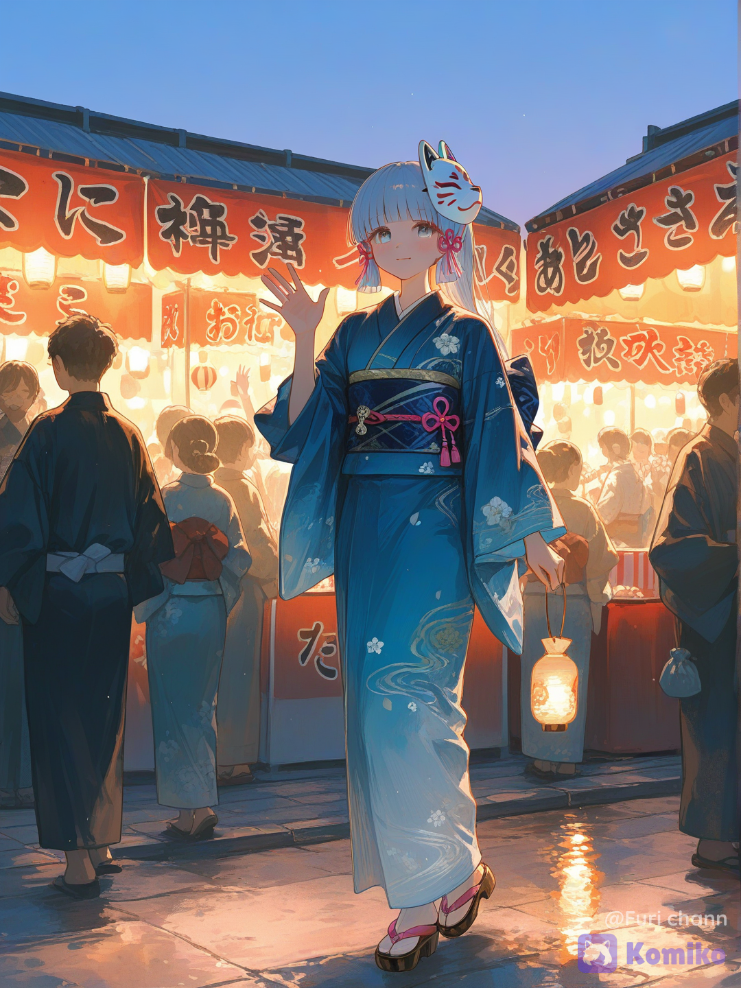 Kamisato ayaka, blue kimono motif klan angsa, sedang berjalan di area festival musim panas, terlihat kios dagangan di sisi kanan dan kiri, karakter sedang makan dango dan topeng rubah putih di atas kepala suasana hati penuh kegembiraan,tatapan lembut senyum manis, detail susunan lentera tertata rapih dan natural, detai lipatan baju, nuansa malam yang meriah, hilir mudik pengunjung, anime, twilight, ethereal lighting, festival musim panas Jepang, full body, looking at viewer, waving, [sensual-glossy-style]