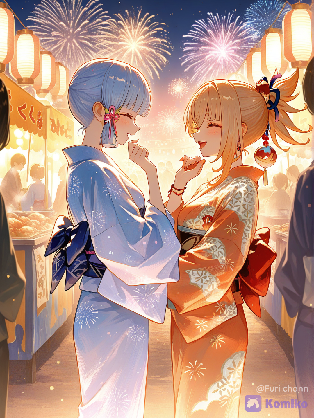 2girl, Kamisato Ayaka, and, Yoimiya, together at a lively summer matsuri festival, friendly and cheerful atmosphere, standing side by side while chatting and laughing, genuine friendship, warm smiles, colorful festival stalls surrounding them, countless glowing paper lanterns creating a mesmerizing sea of light, dazzling fireworks illuminating the sky, magical sparkling lights floating in the air, vibrant festival decorations, beautiful yukata outfits inspired by their original designs, gentle evening breeze, bright and enchanting lighting, joyful mood, anime illustration, ultra cinematic composition, vibrant colors, depth of field, soft glow effects, stunning light reflections, breathtaking festival ambiance, _(Springbloom_Missive), cowboy shot, ethereal lighting, golden hour, lantern festival, market street, [sensual-glossy-style], 2girls, @Kamisato_Ayaka, @Yoimiya_(Genshin_Impact)